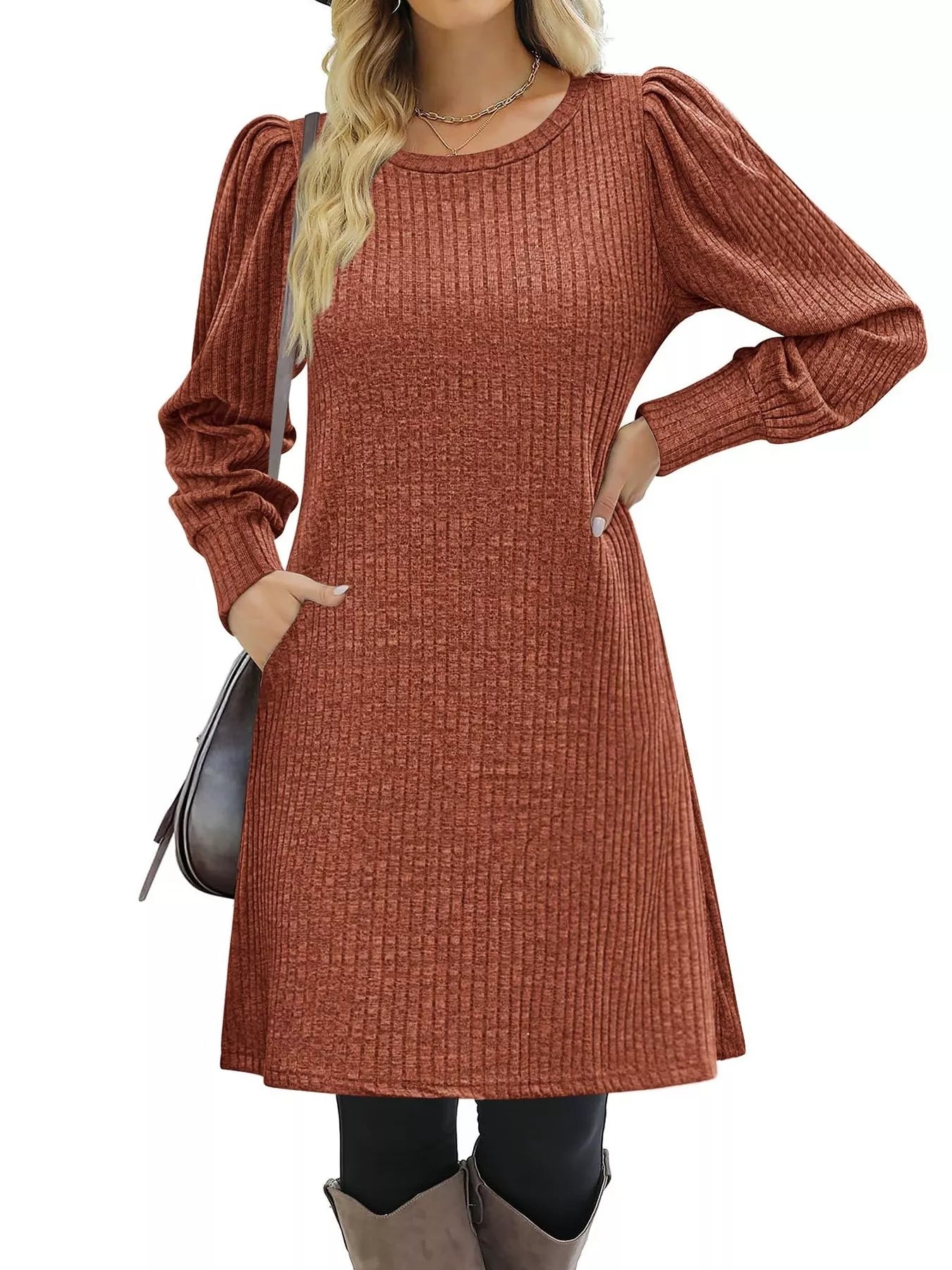 Ribbed Knit Puff Sleeve Casual Mini Dress - MAD RUFFI