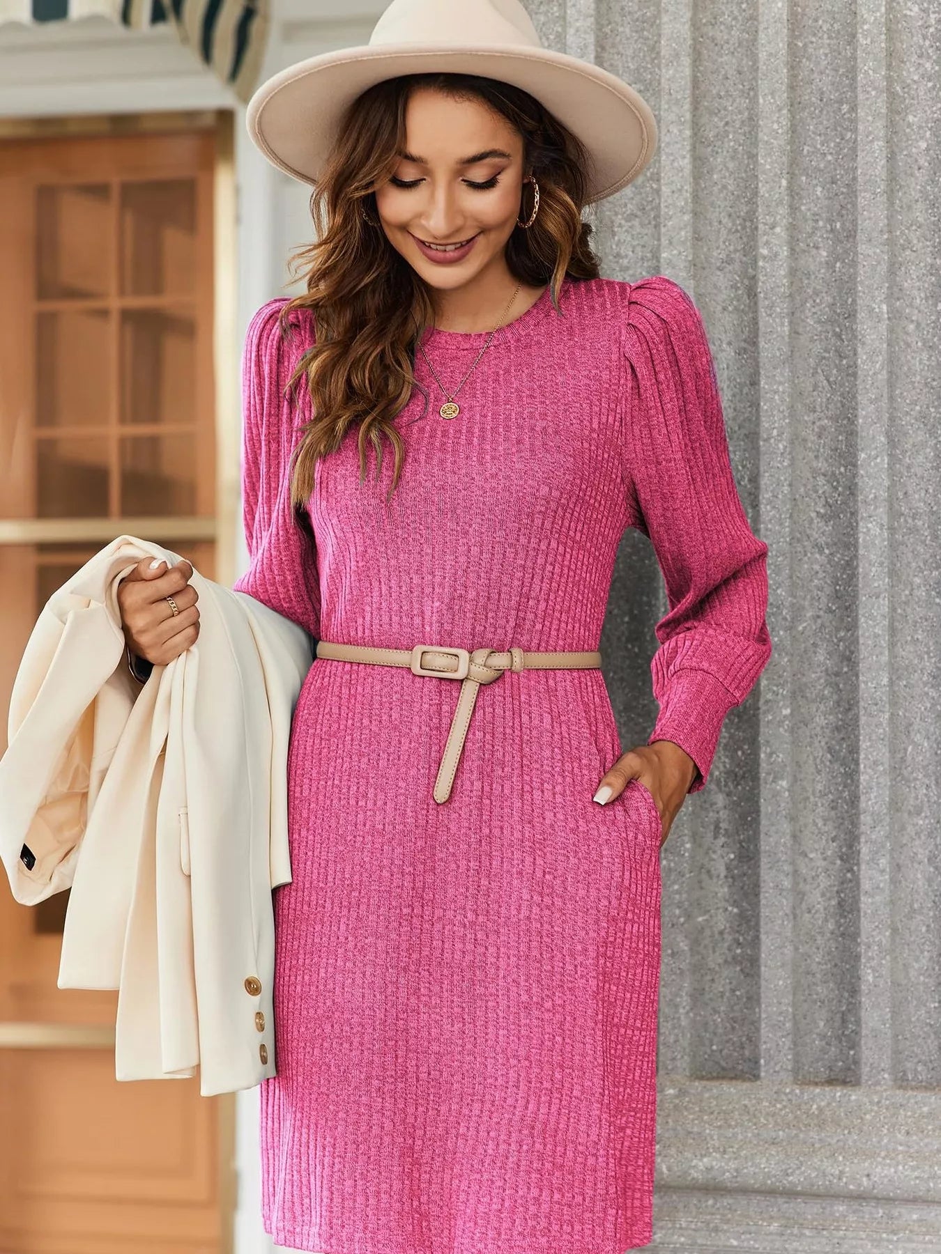 Ribbed Knit Puff Sleeve Casual Mini Dress - MAD RUFFI