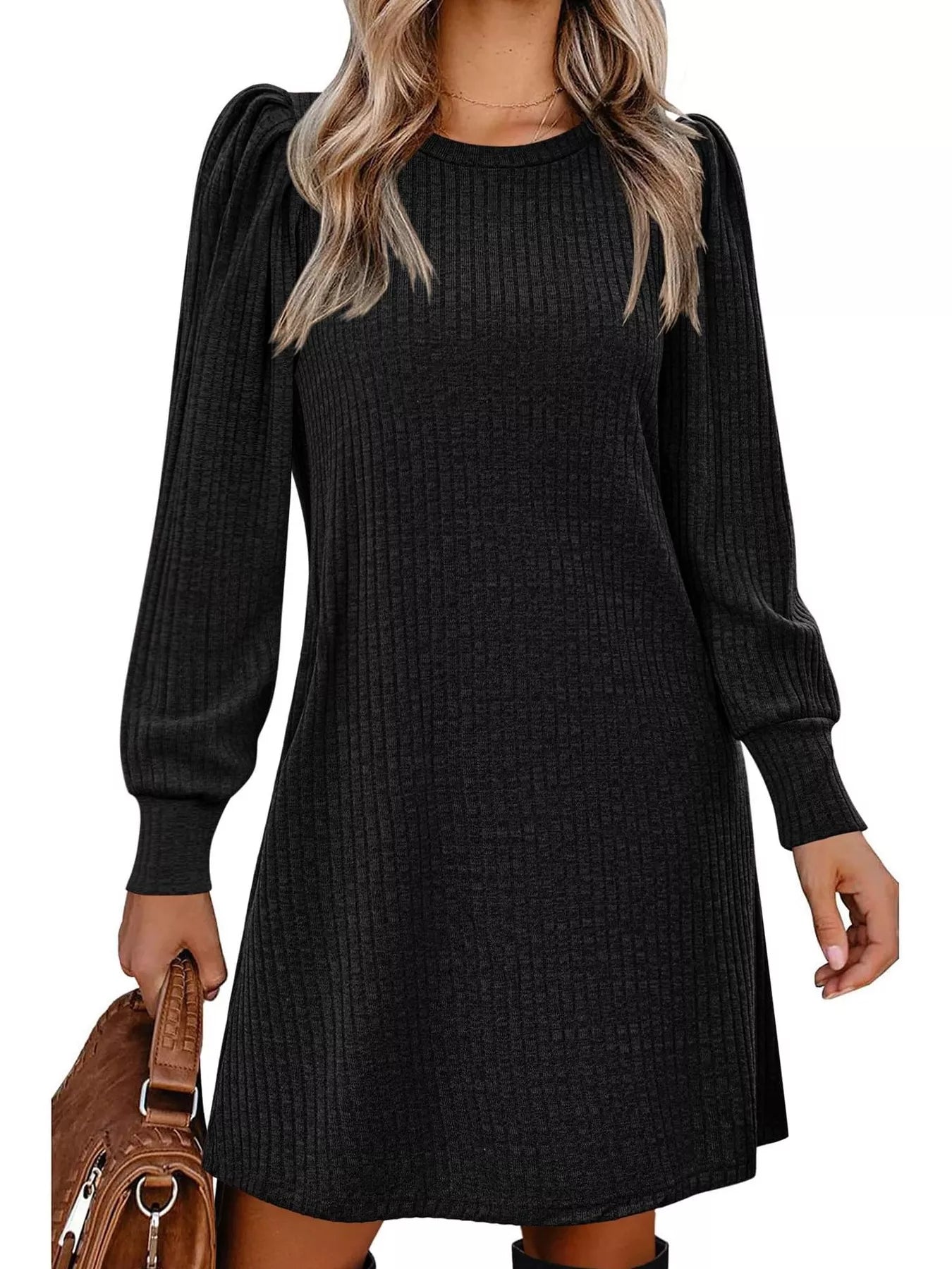 Ribbed Knit Puff Sleeve Casual Mini Dress - MAD RUFFI