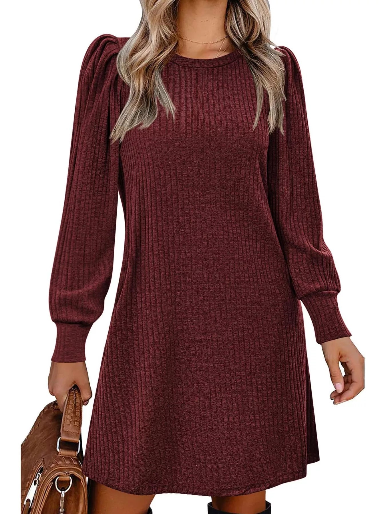 Ribbed Knit Puff Sleeve Casual Mini Dress - MAD RUFFI