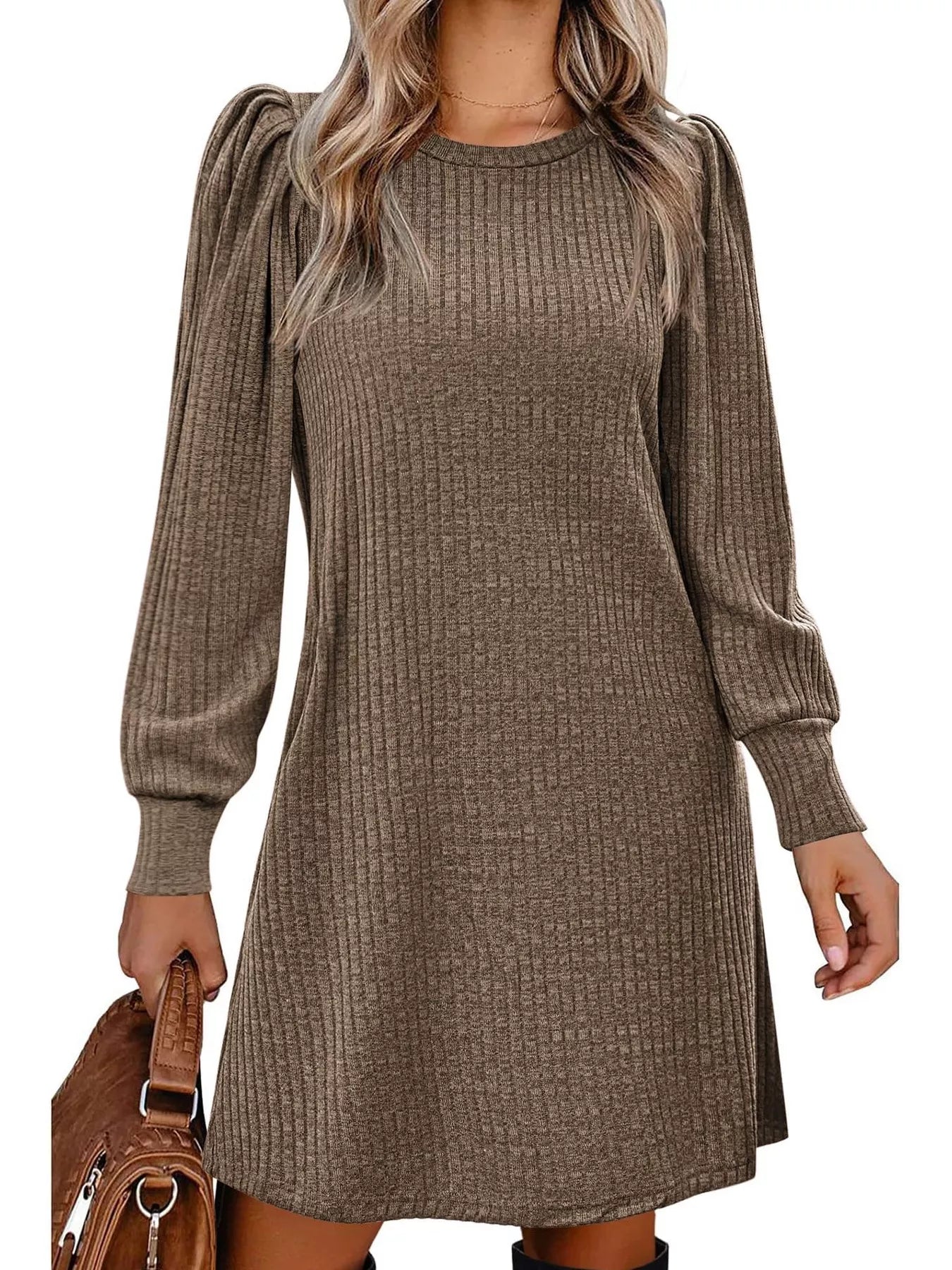 Ribbed Knit Puff Sleeve Casual Mini Dress - MAD RUFFI