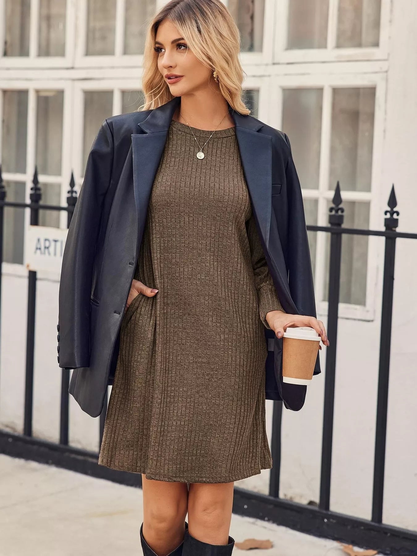 Ribbed Knit Puff Sleeve Casual Mini Dress - MAD RUFFI