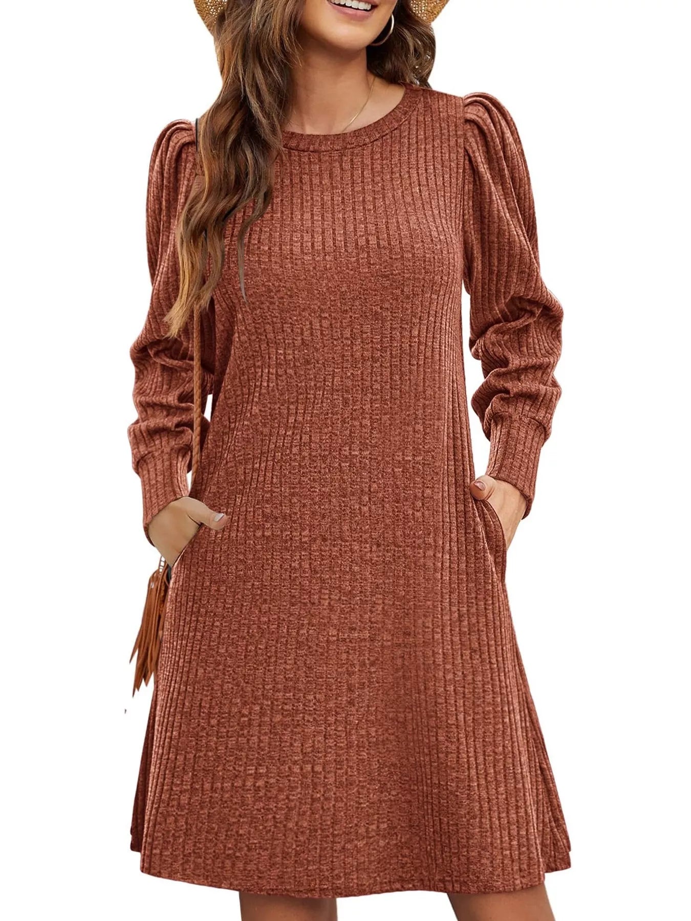 Ribbed Knit Puff Sleeve Casual Mini Dress - MAD RUFFI