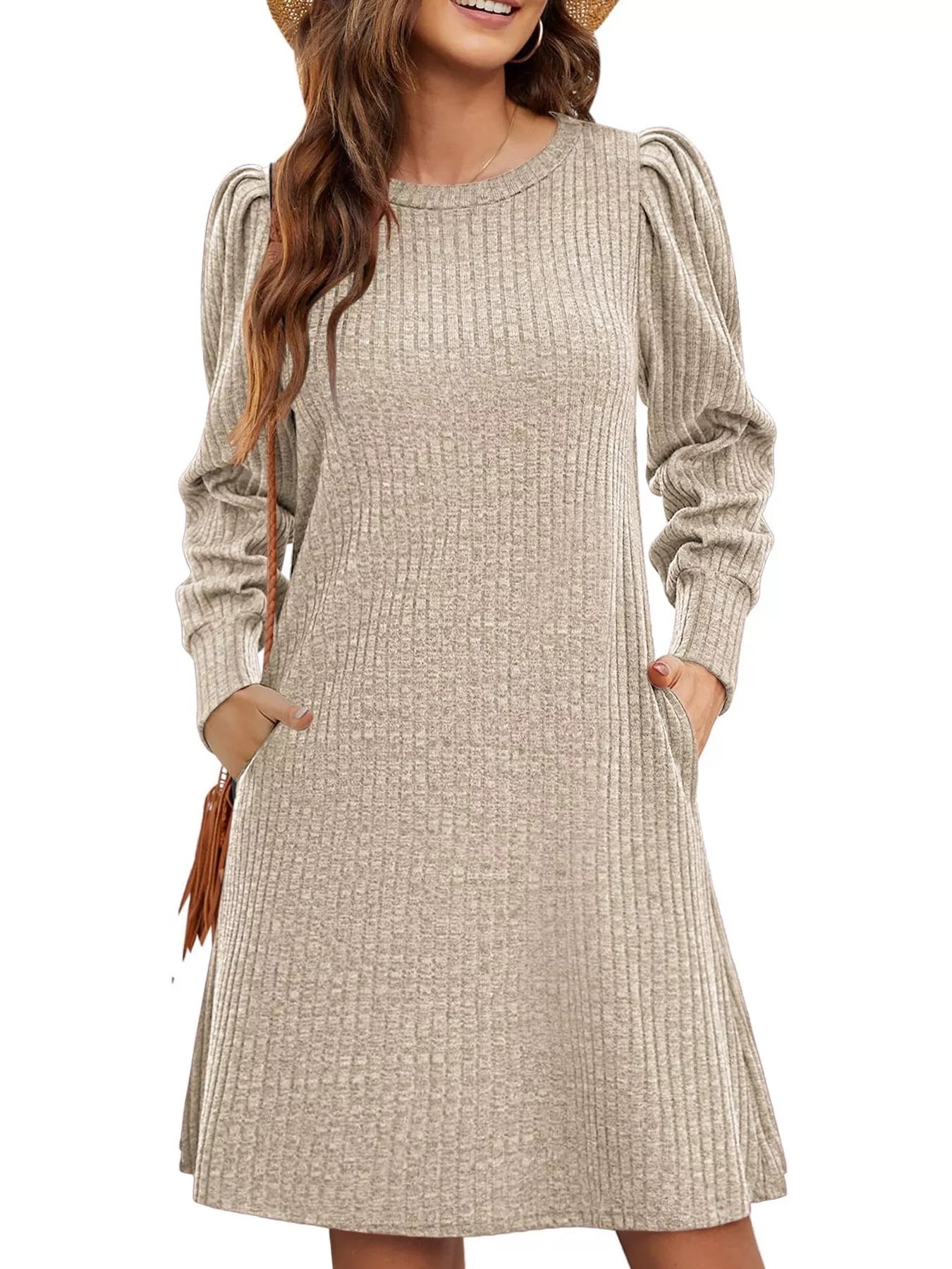 Ribbed Knit Puff Sleeve Casual Mini Dress - MAD RUFFI
