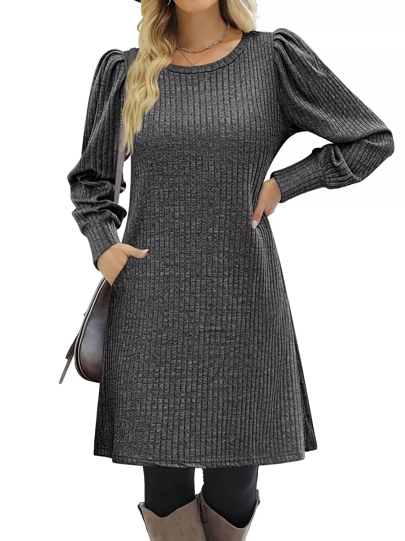 Ribbed Knit Puff Sleeve Casual Mini Dress - MAD RUFFI