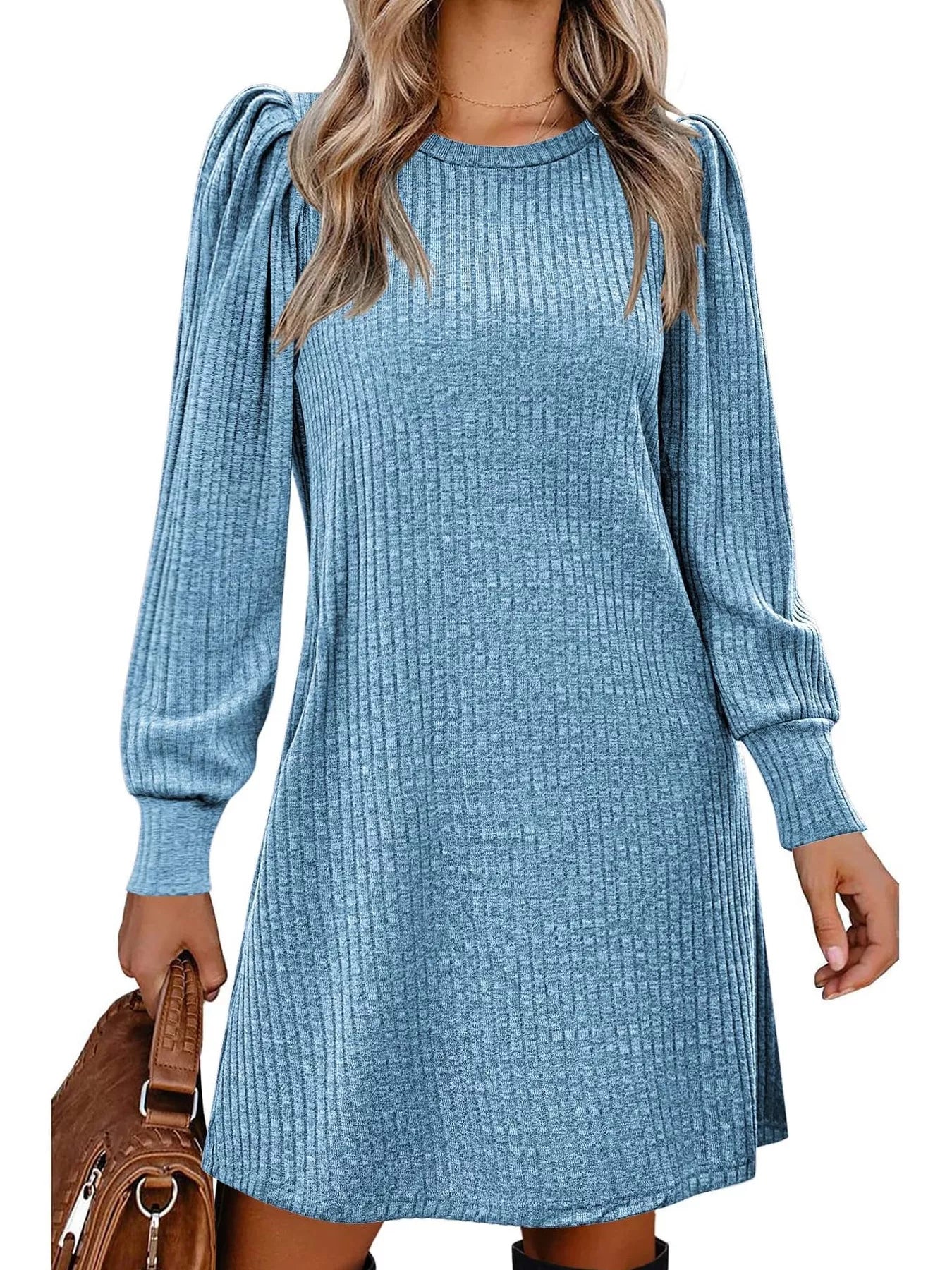 Ribbed Knit Puff Sleeve Casual Mini Dress - MAD RUFFI