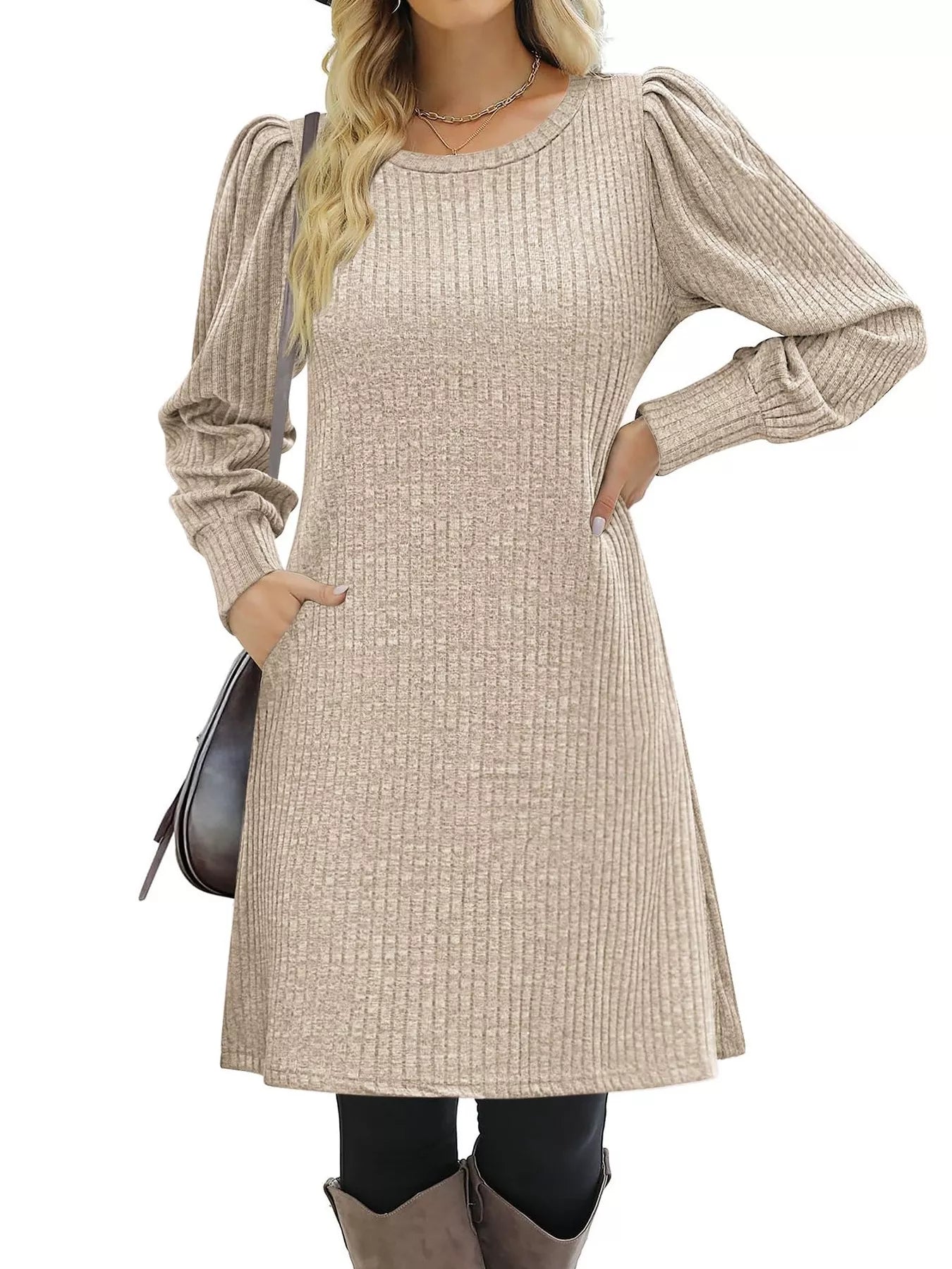 Ribbed Knit Puff Sleeve Casual Mini Dress - MAD RUFFI