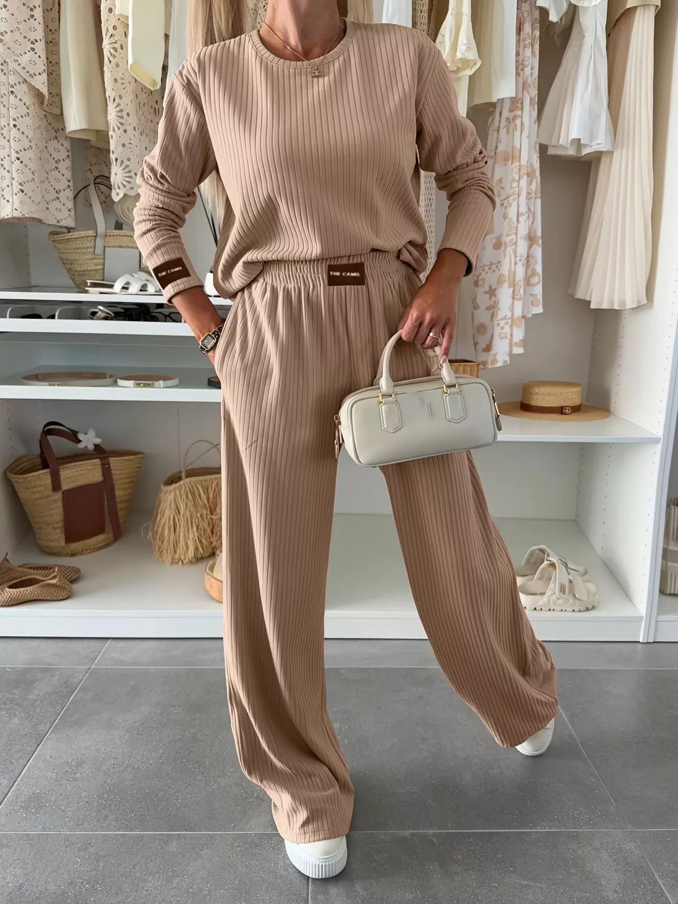 Ribbed Knit Round Neck Top and Pants Set - MAD RUFFI