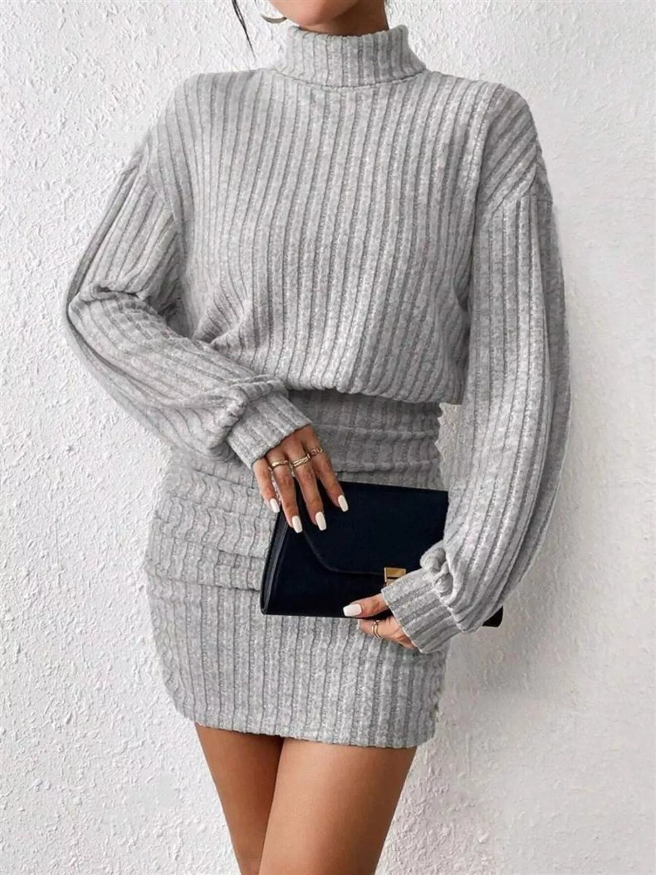 Ribbed Knit Turtleneck Bodycon Mini Dress - MAD RUFFI