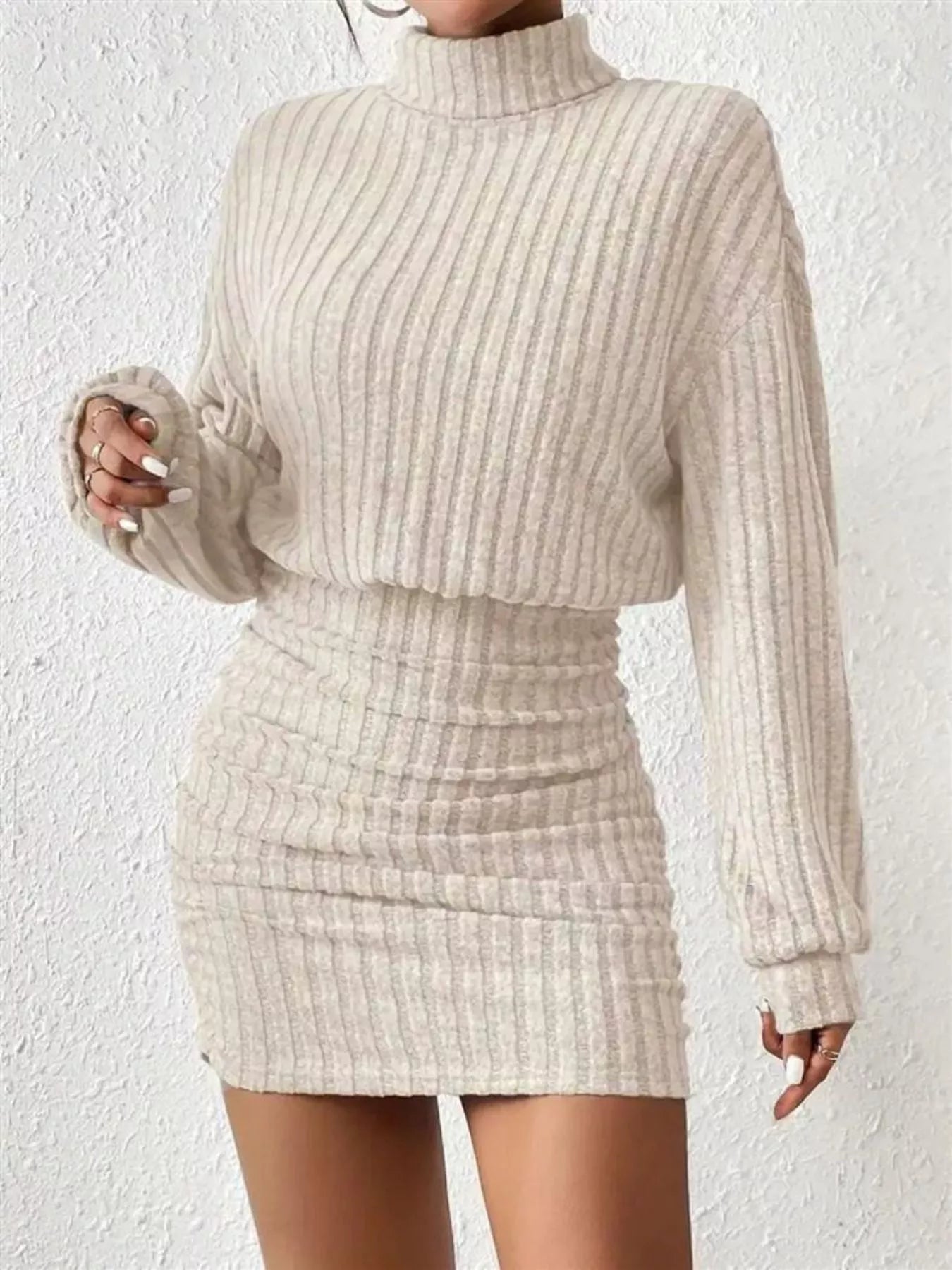 Ribbed Knit Turtleneck Bodycon Mini Dress - MAD RUFFI
