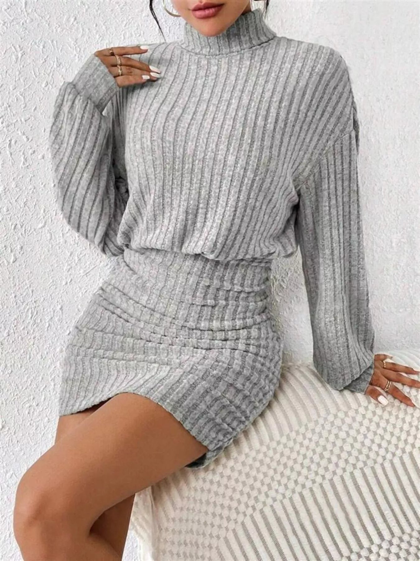 Ribbed Knit Turtleneck Bodycon Mini Dress - MAD RUFFI