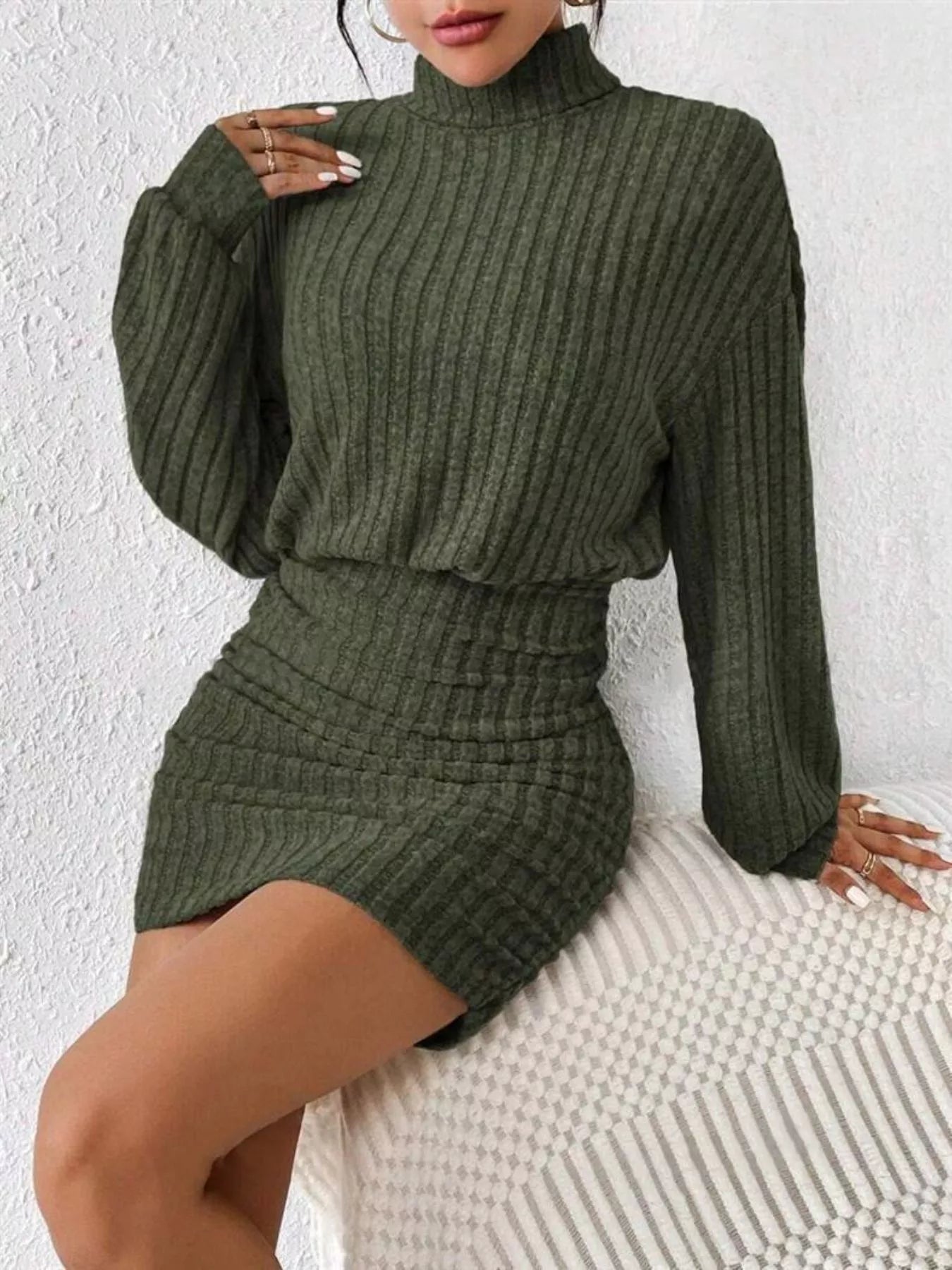 Ribbed Knit Turtleneck Bodycon Mini Dress - MAD RUFFI