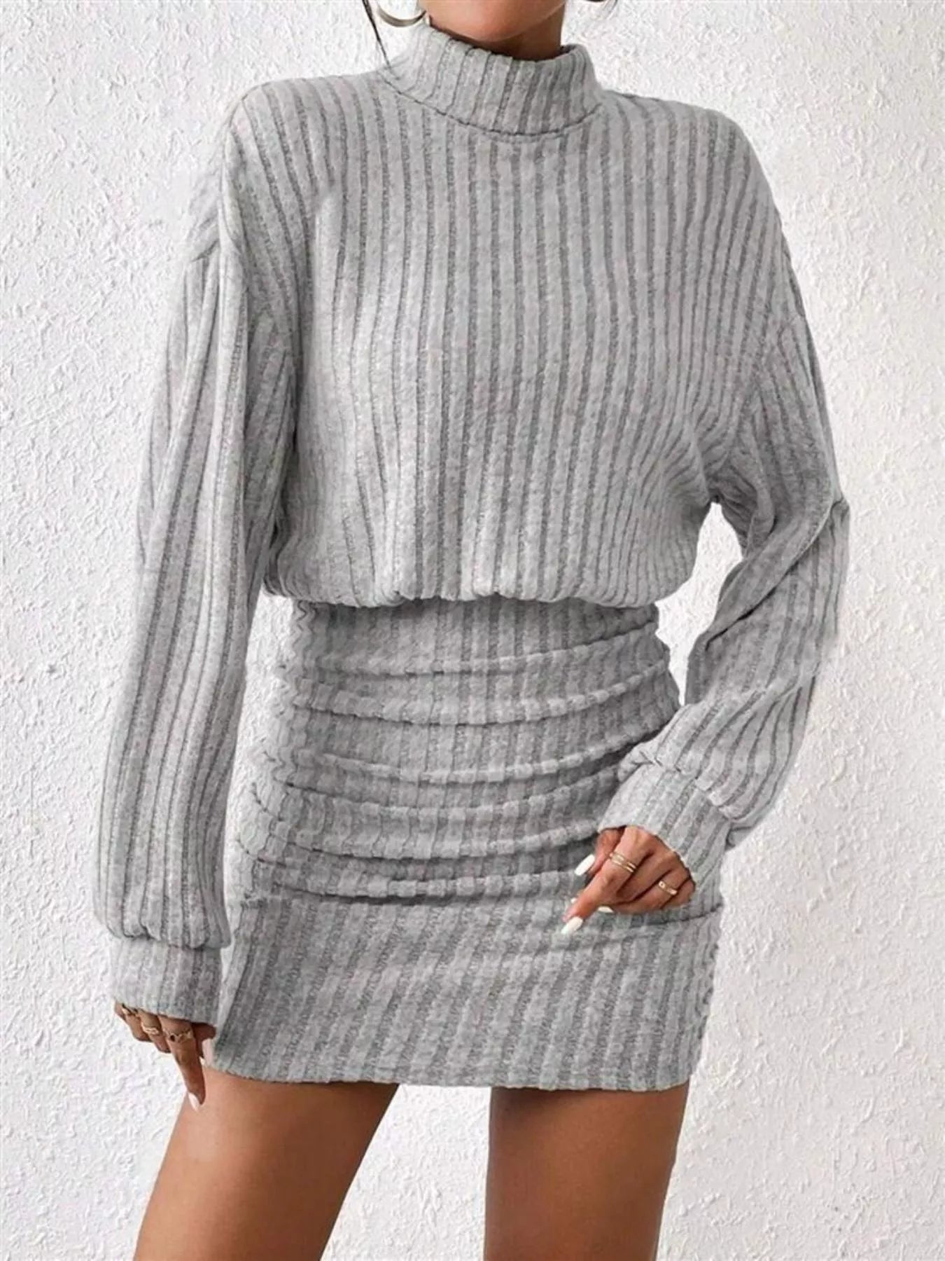 Ribbed Knit Turtleneck Bodycon Mini Dress - MAD RUFFI