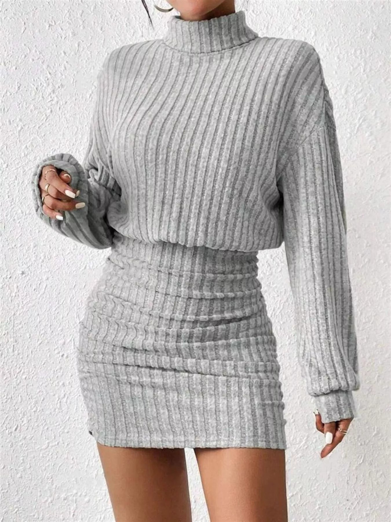 Ribbed Knit Turtleneck Bodycon Mini Dress - MAD RUFFI