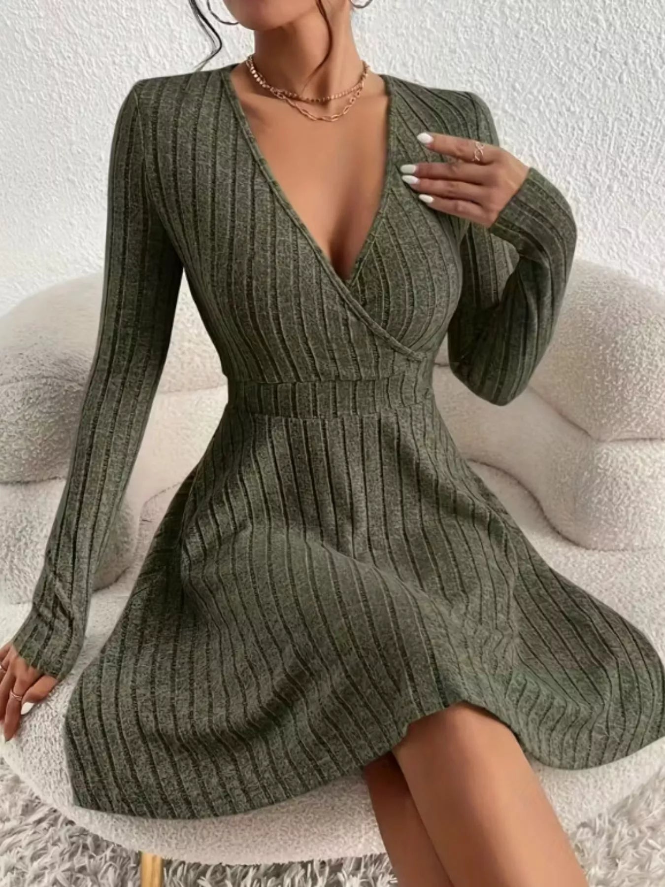 Ribbed Knit Wrap Mini Dress - MAD RUFFI