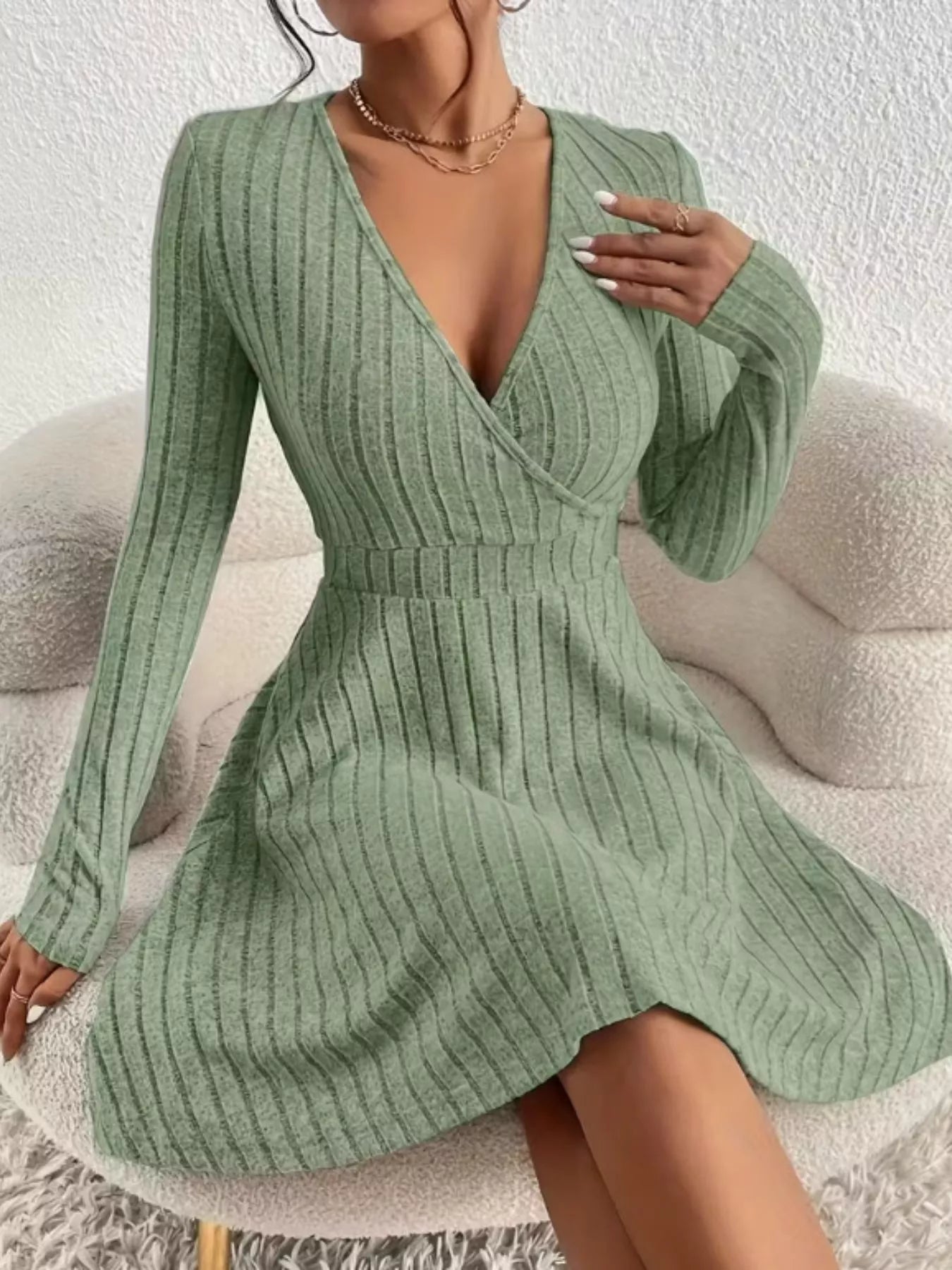 Ribbed Knit Wrap Mini Dress - MAD RUFFI