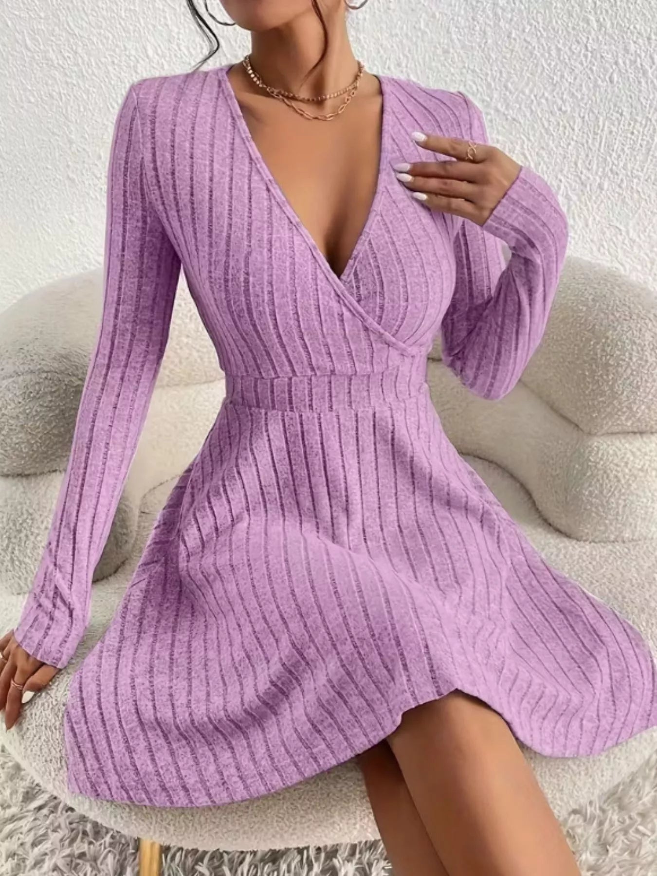 Ribbed Knit Wrap Mini Dress - MAD RUFFI