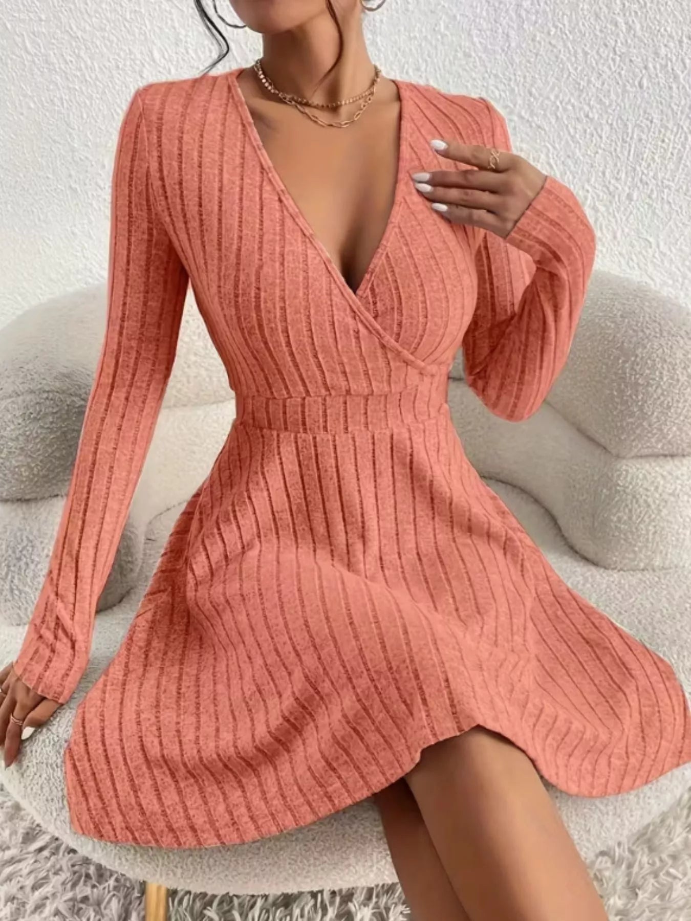 Ribbed Knit Wrap Mini Dress - MAD RUFFI