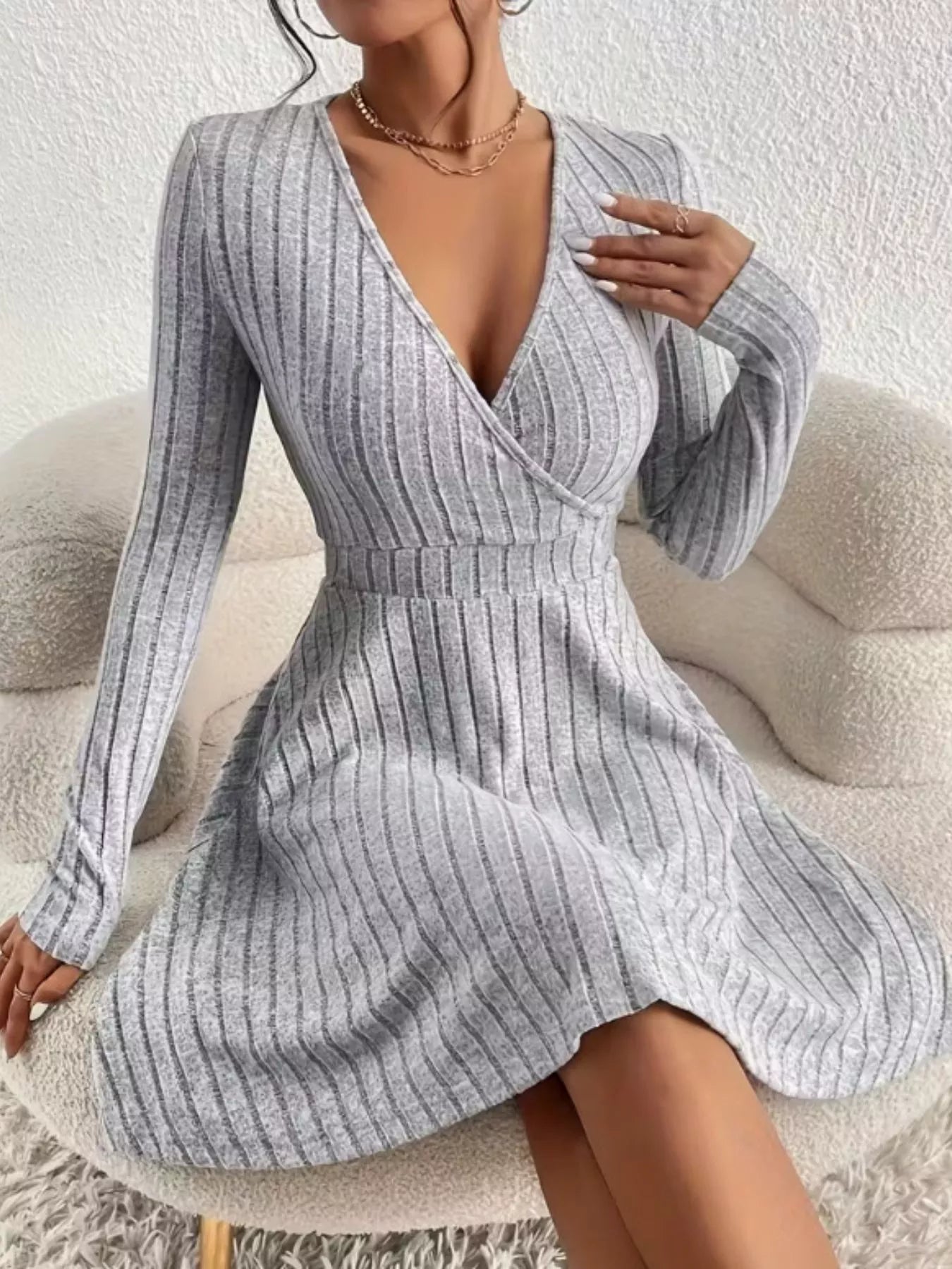 Ribbed Knit Wrap Mini Dress - MAD RUFFI