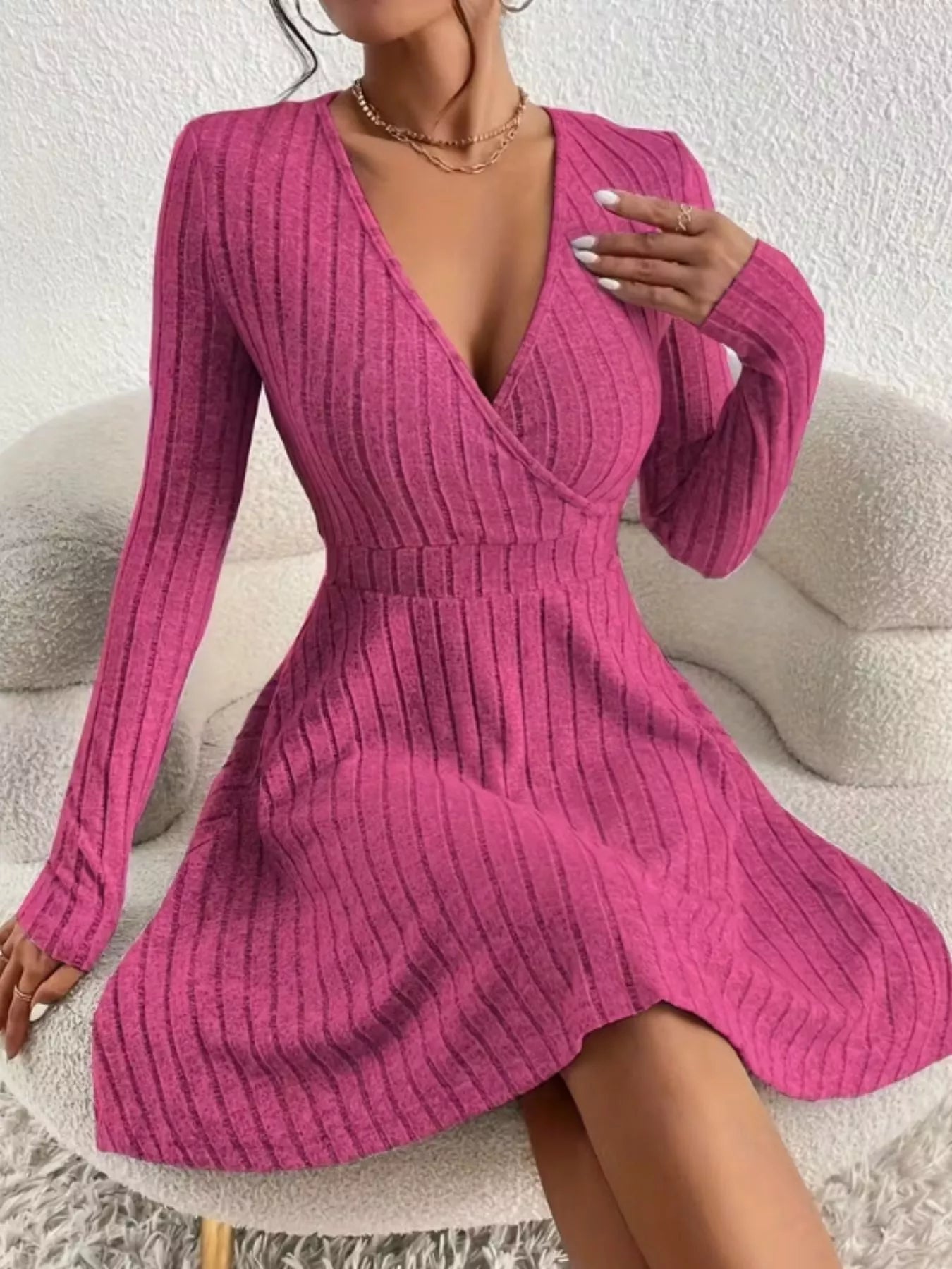 Ribbed Knit Wrap Mini Dress - MAD RUFFI