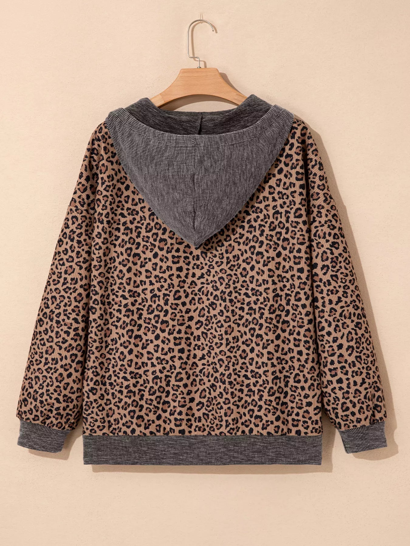 Ribbed Leopard Print Contrast Collar Zip Hoodie - MAD RUFFI