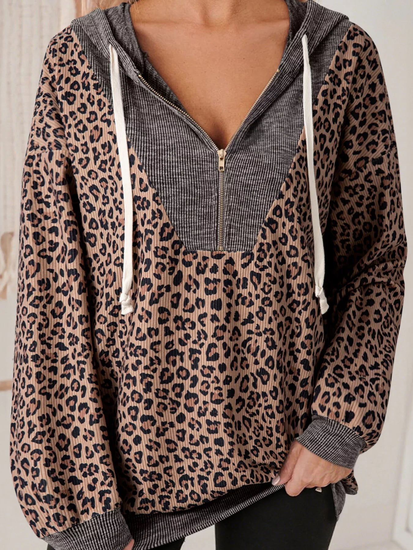 Ribbed Leopard Print Contrast Collar Zip Hoodie - MAD RUFFI