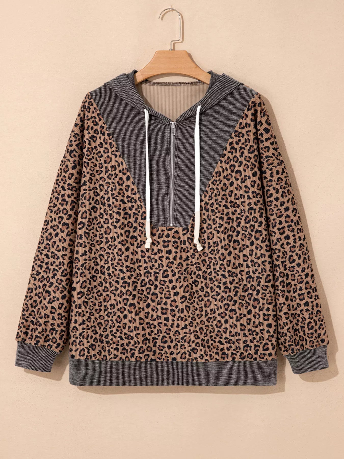 Ribbed Leopard Print Contrast Collar Zip Hoodie - MAD RUFFI