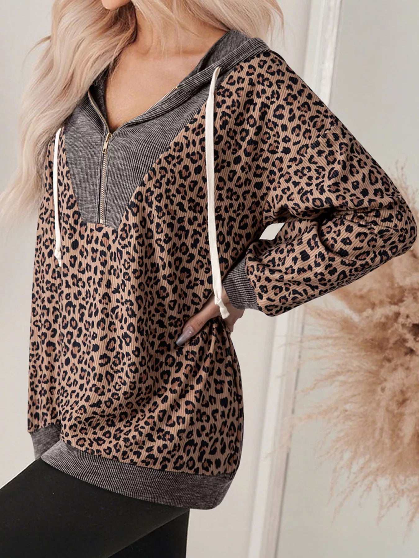 Ribbed Leopard Print Contrast Collar Zip Hoodie - MAD RUFFI
