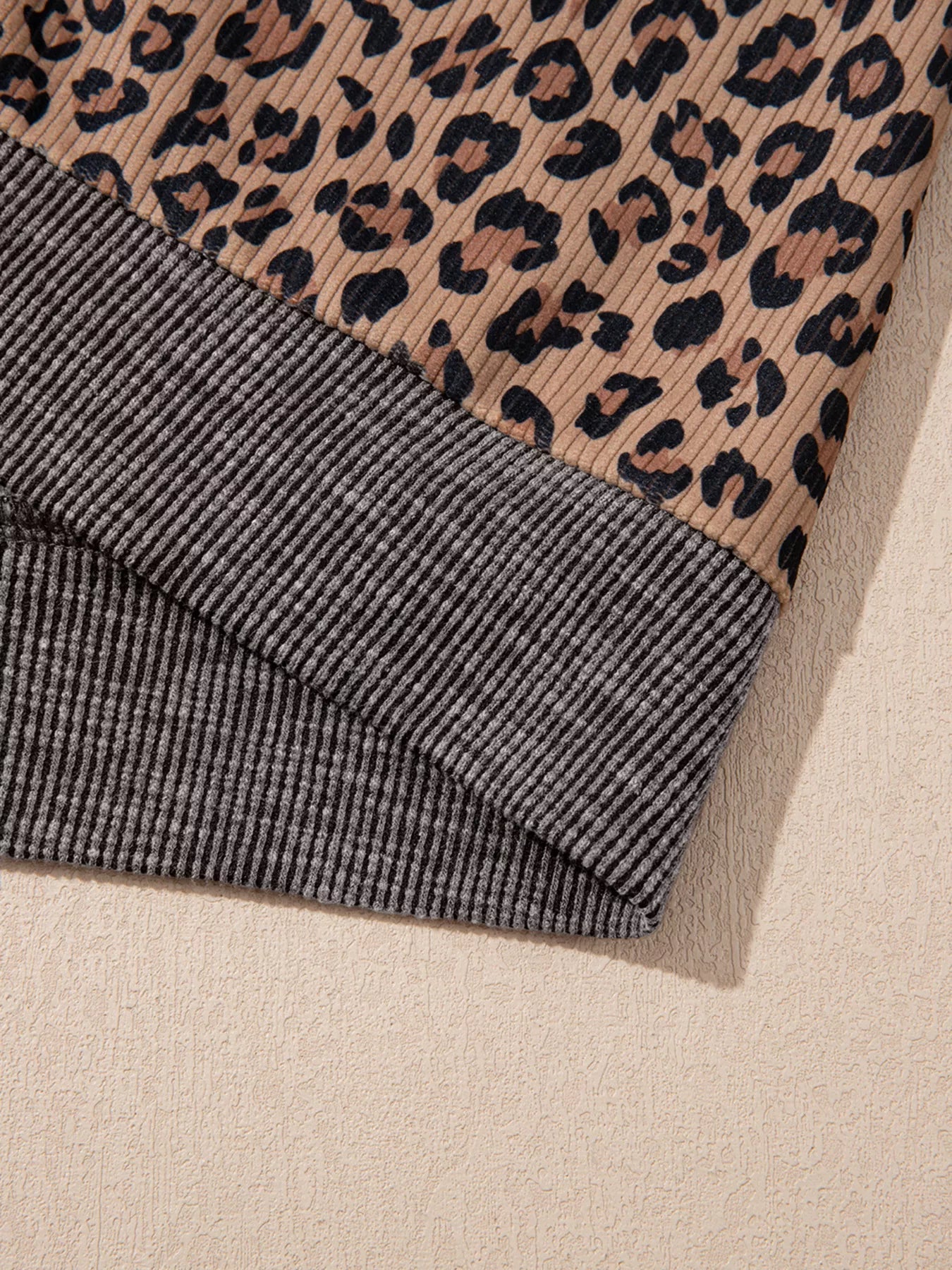 Ribbed Leopard Print Contrast Collar Zip Hoodie - MAD RUFFI