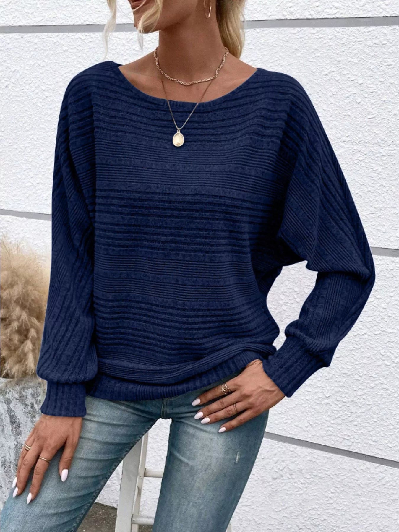 Ribbed Round Neck Long Sleeve Top - MAD RUFFI