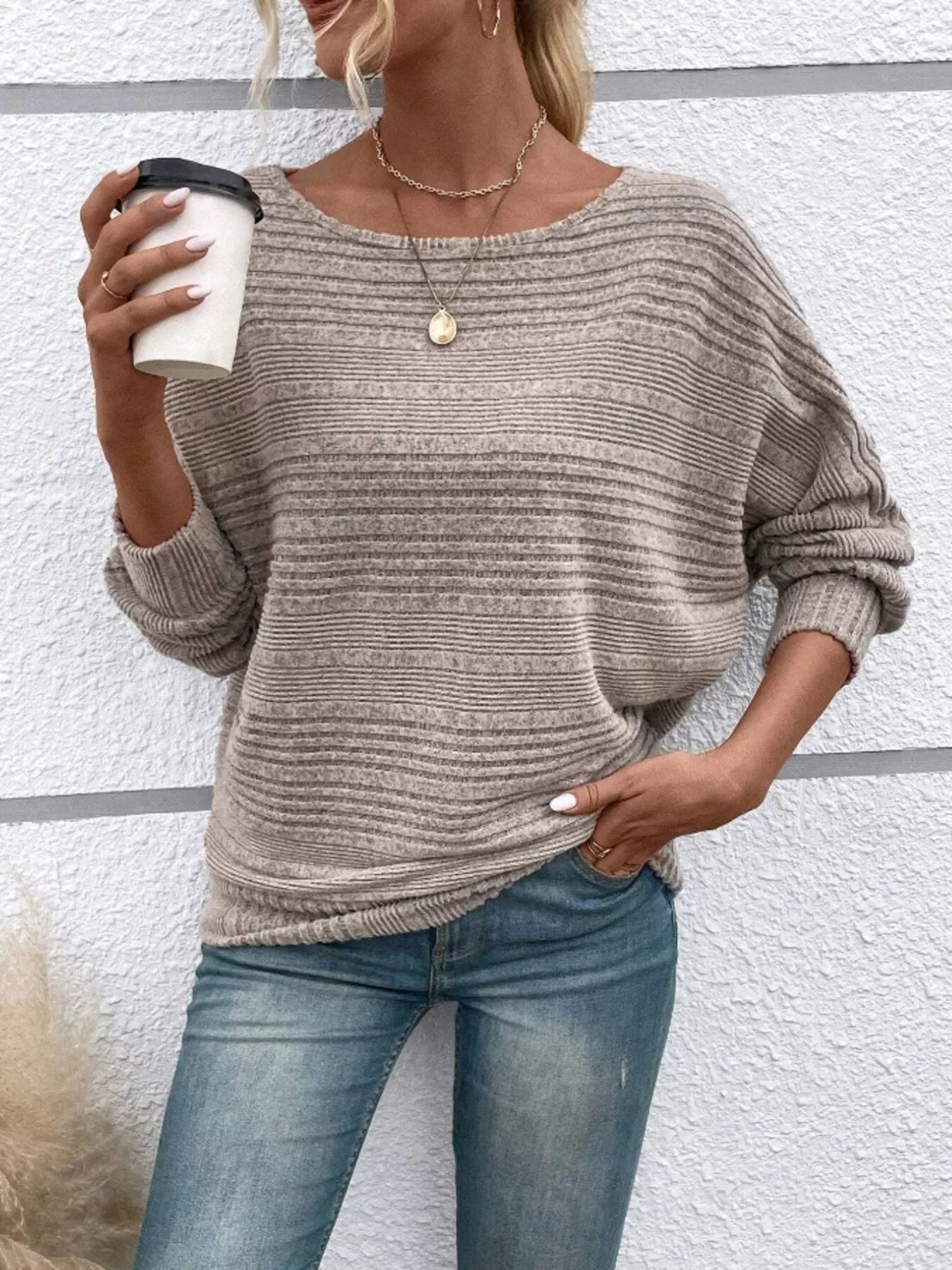 Ribbed Round Neck Long Sleeve Top - MAD RUFFI
