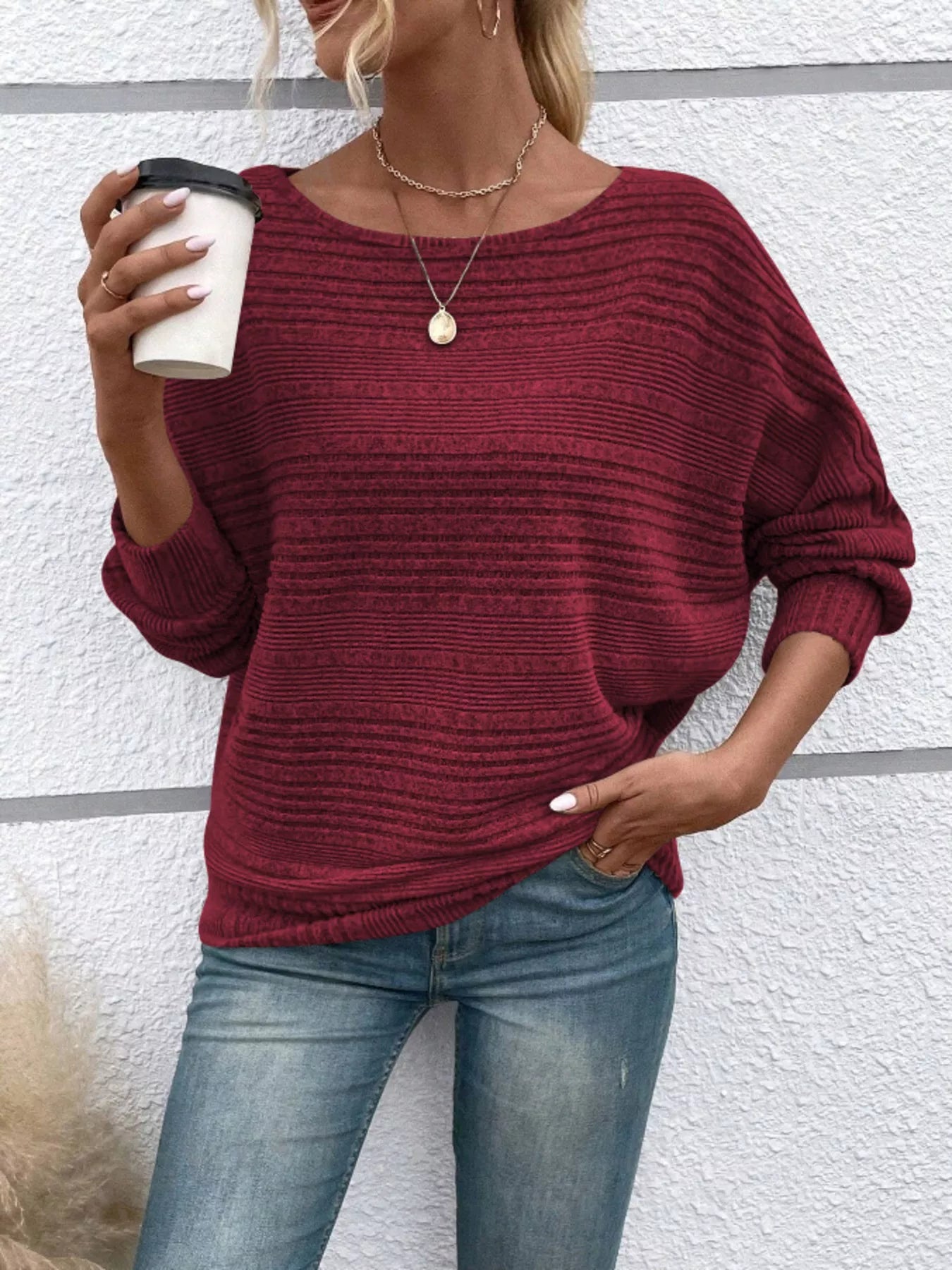 Ribbed Round Neck Long Sleeve Top - MAD RUFFI