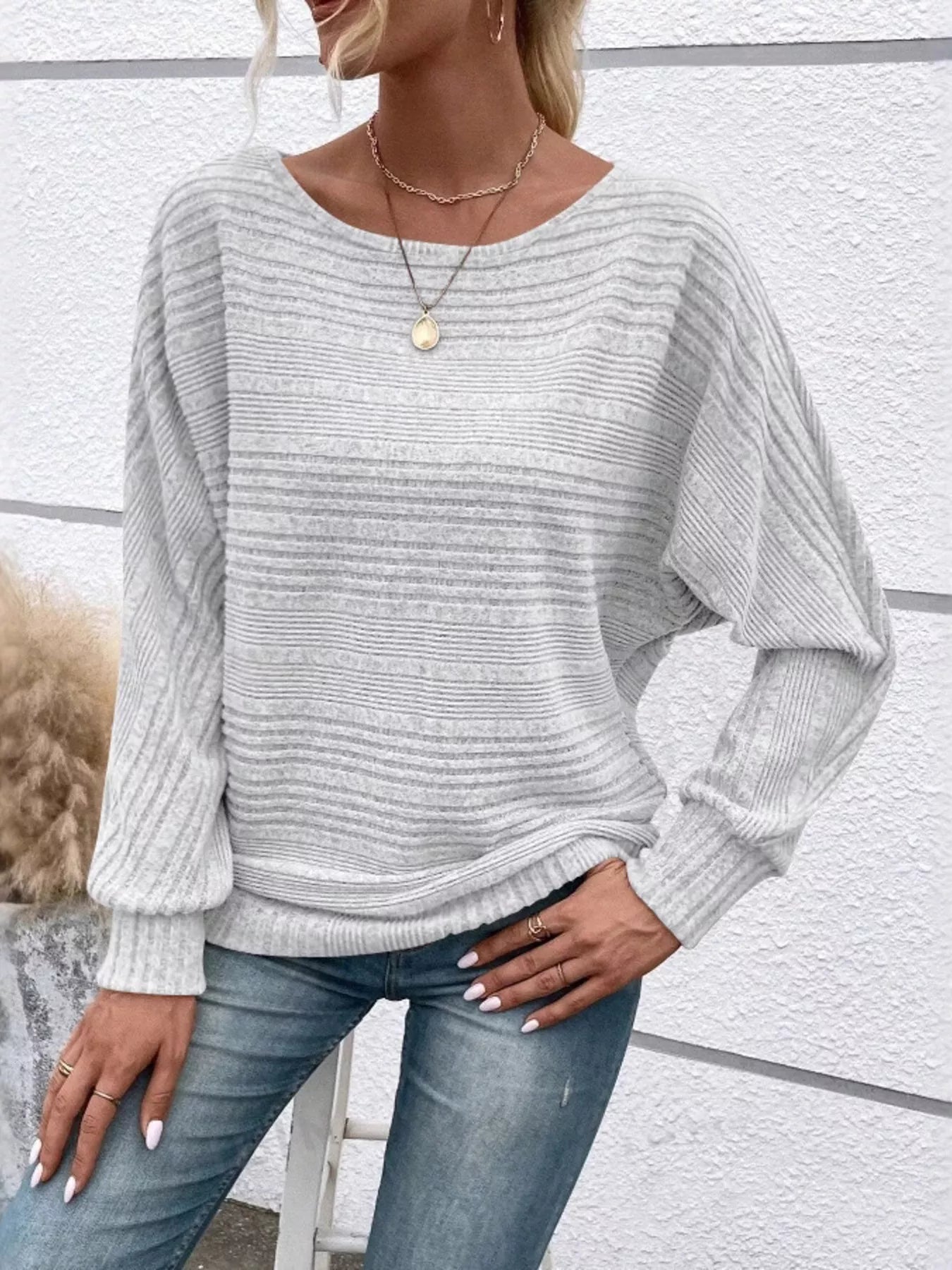 Ribbed Round Neck Long Sleeve Top - MAD RUFFI