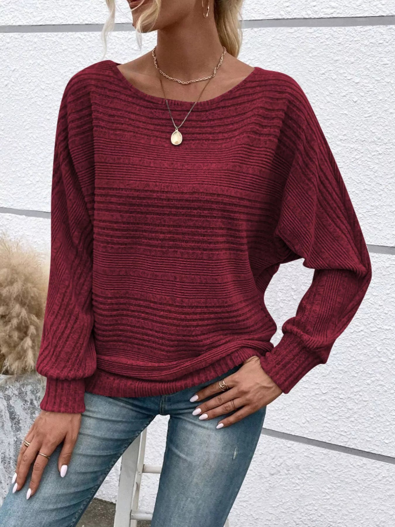 Ribbed Round Neck Long Sleeve Top - MAD RUFFI