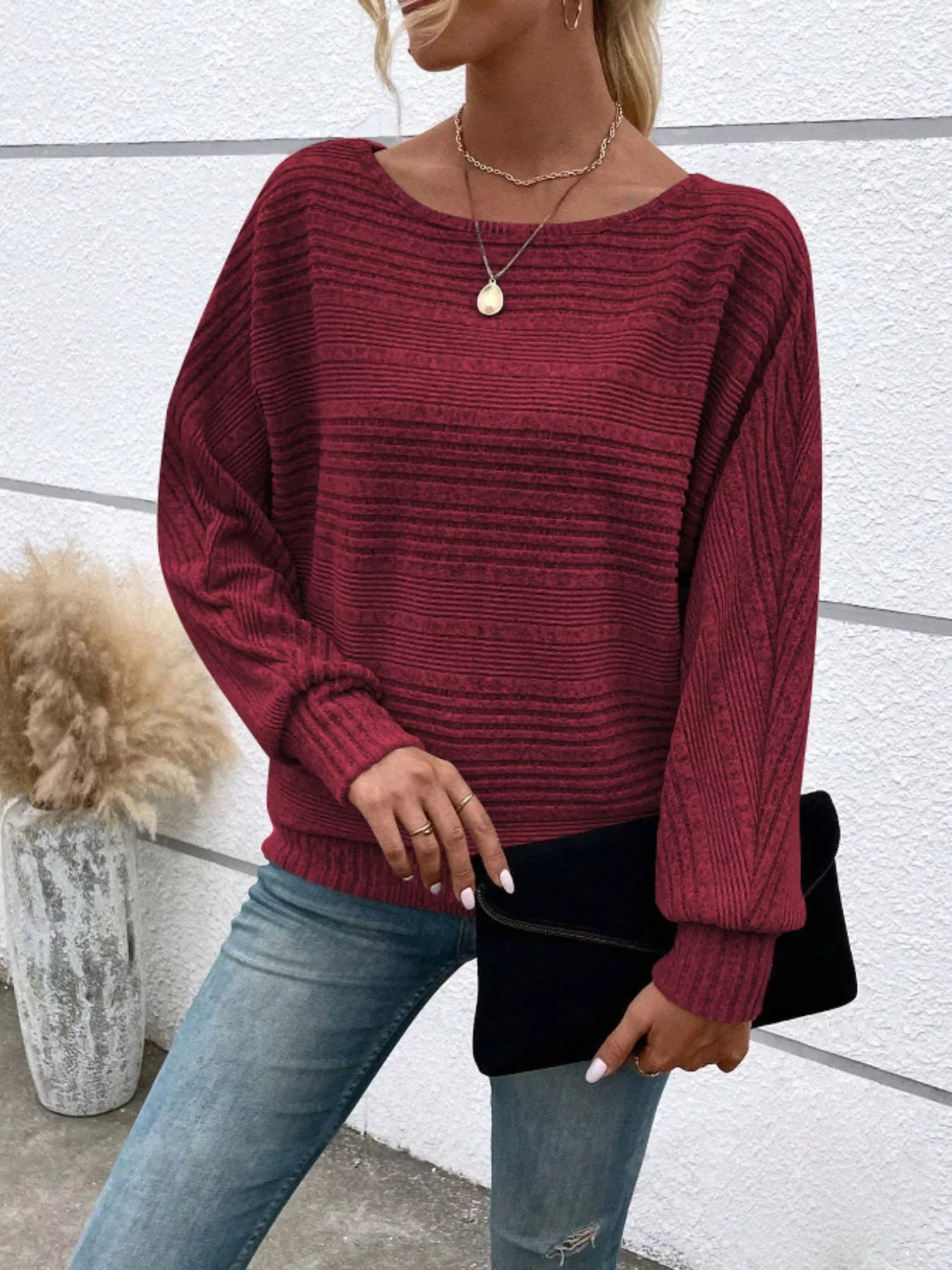 Ribbed Round Neck Long Sleeve Top - MAD RUFFI