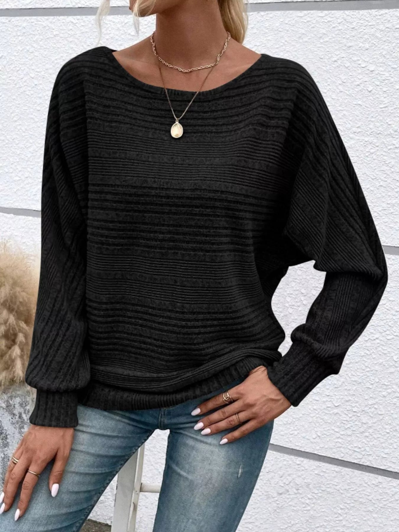 Ribbed Round Neck Long Sleeve Top - MAD RUFFI