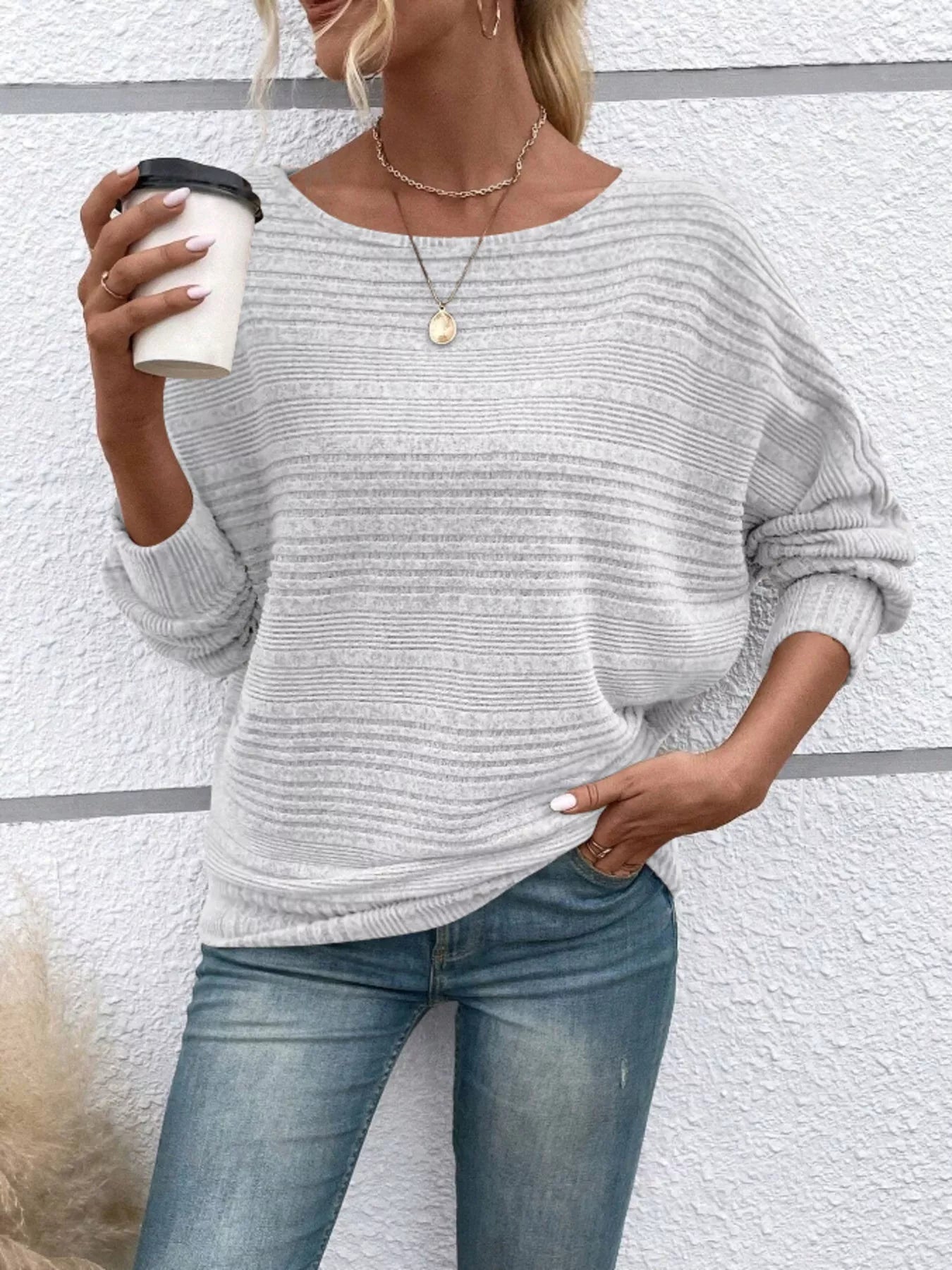 Ribbed Round Neck Long Sleeve Top - MAD RUFFI