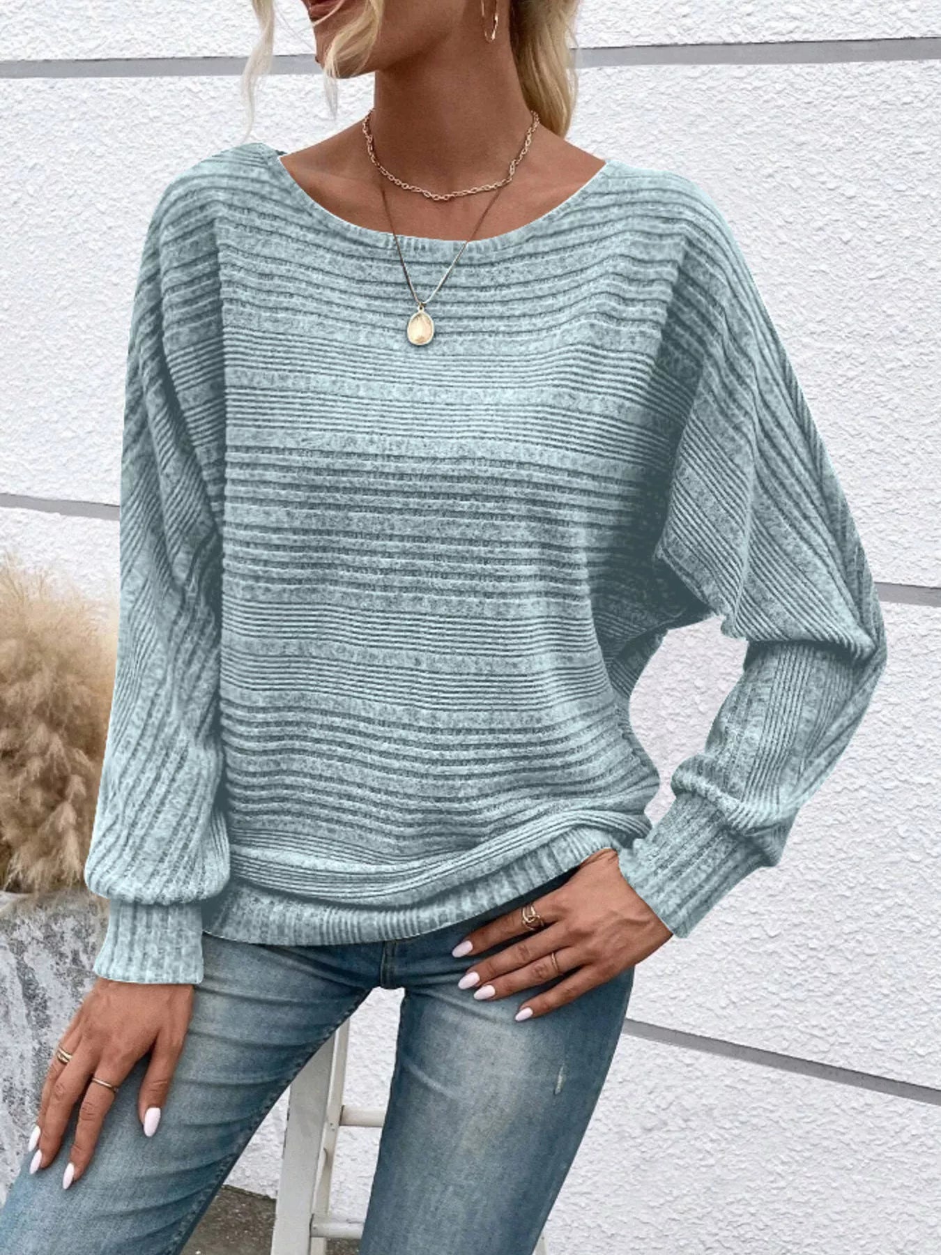 Ribbed Round Neck Long Sleeve Top - MAD RUFFI