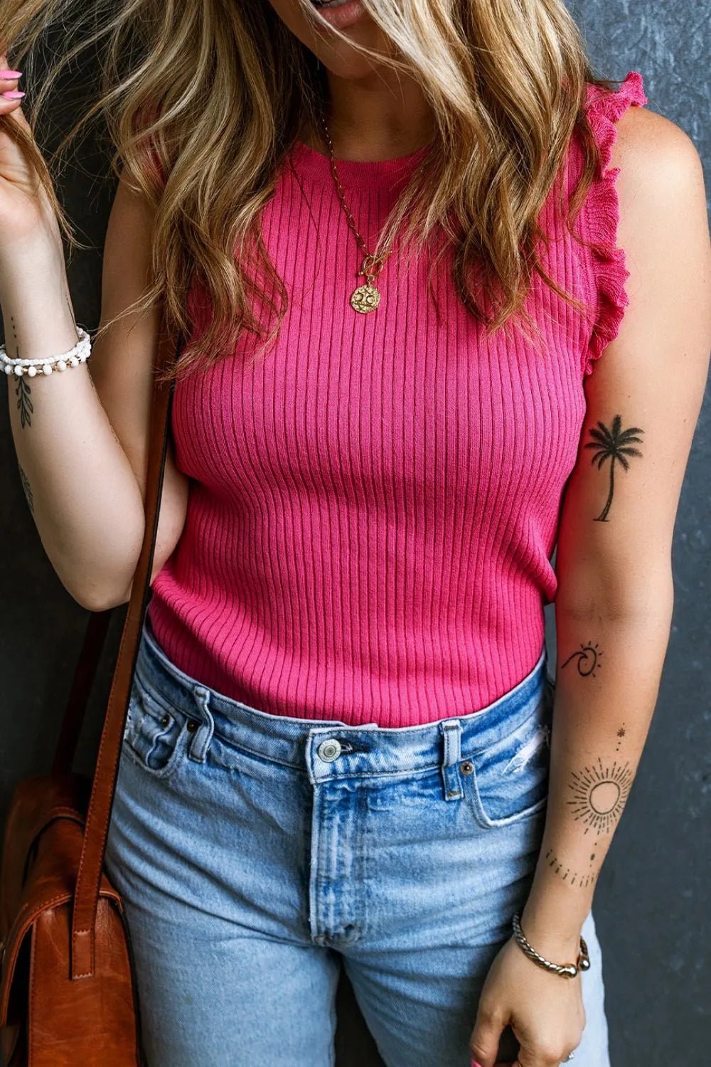 Ribbed Ruffled Round Neck Sweater Tank - MAD RUFFI