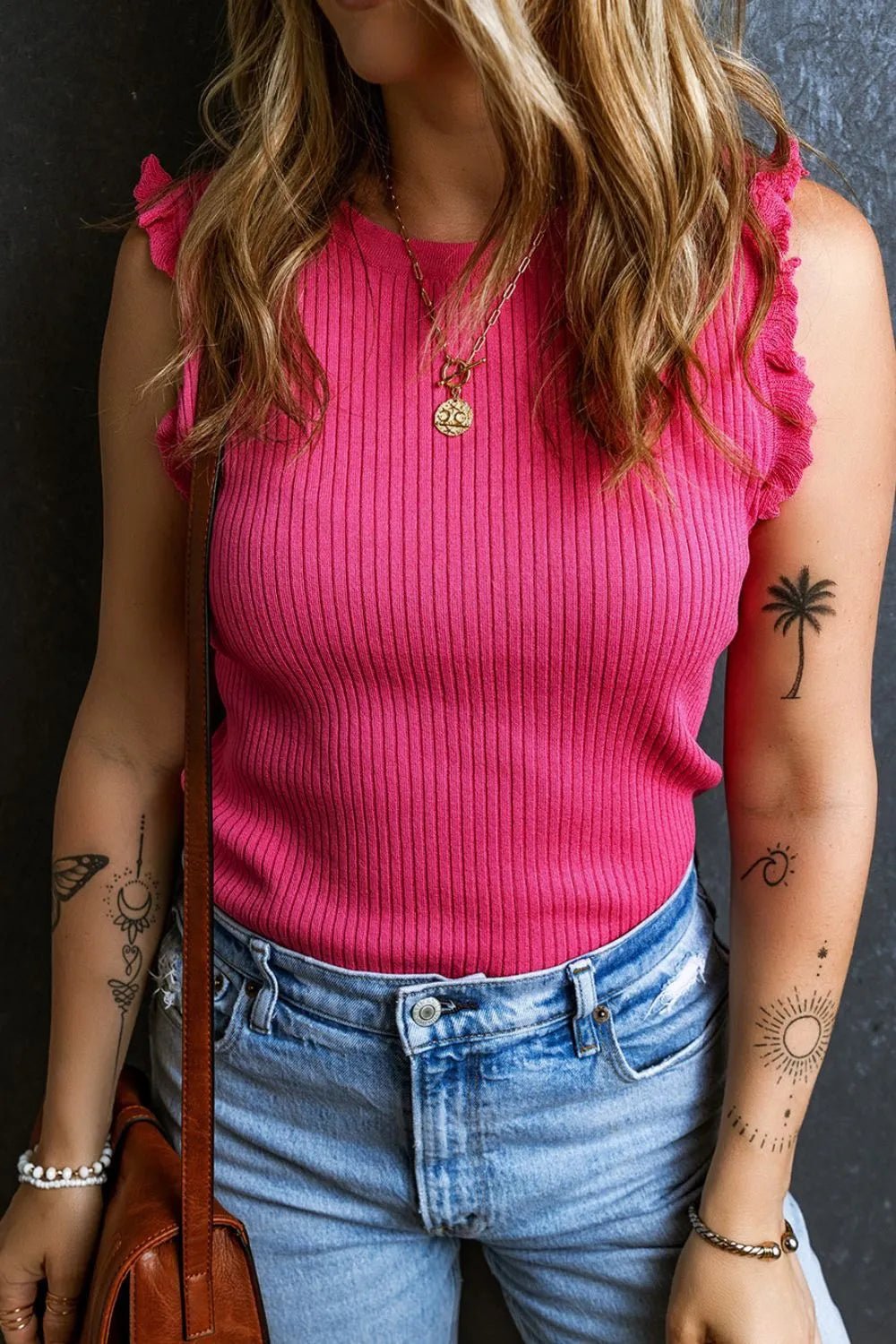 Ribbed Ruffled Round Neck Sweater Tank - MAD RUFFI