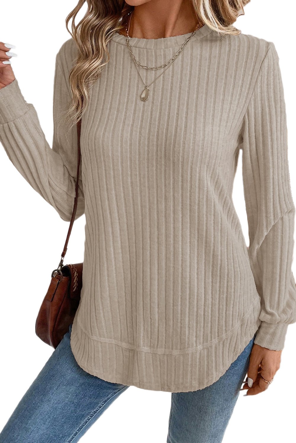 Ribbed Texture Round Neck Long Sleeve Rounded Hem Top - MAD RUFFI
