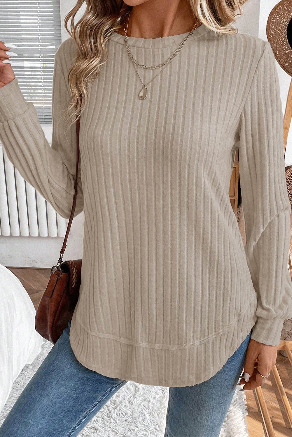 Ribbed Texture Round Neck Long Sleeve Rounded Hem Top - MAD RUFFI