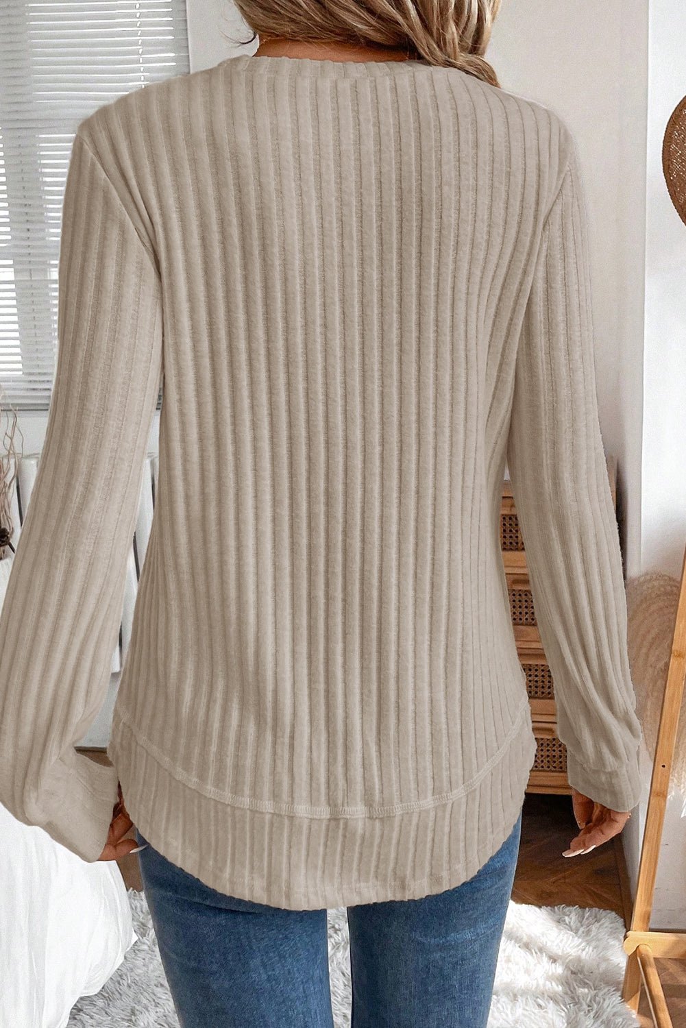 Ribbed Texture Round Neck Long Sleeve Rounded Hem Top - MAD RUFFI