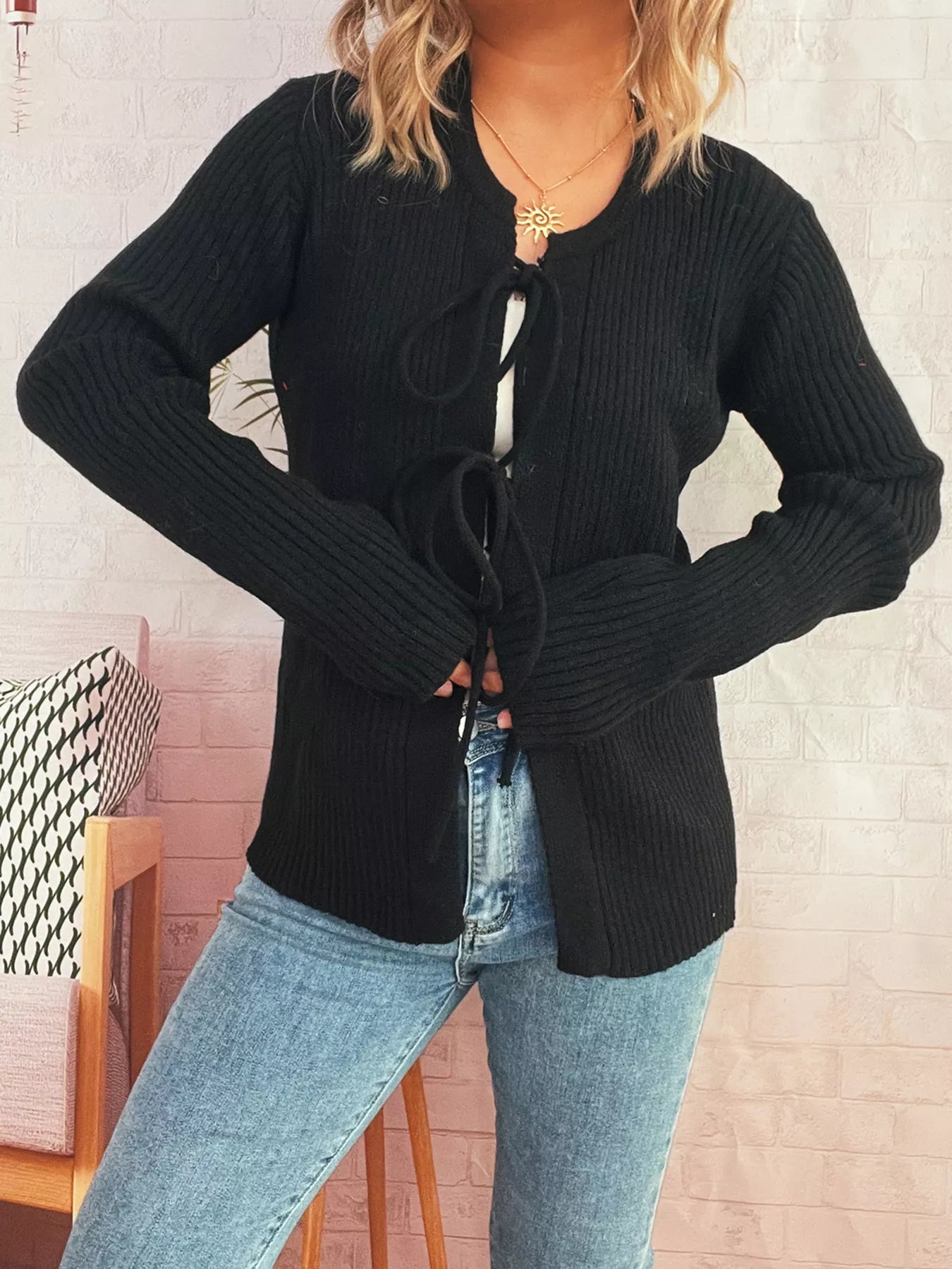 Ribbed Tie Front Long Sleeve Cardigan - MAD RUFFI