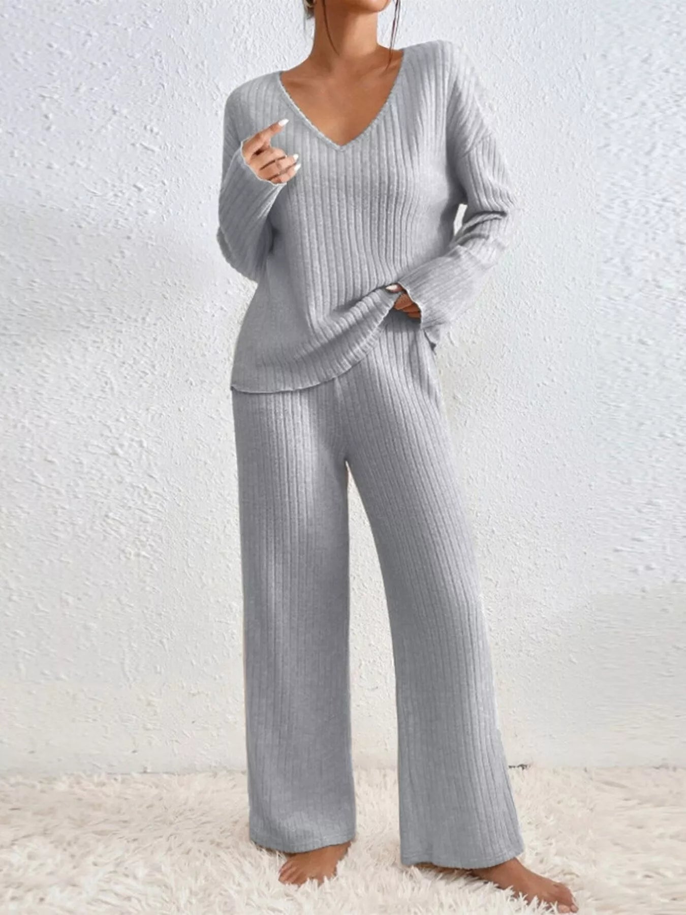 Ribbed V - Neck Top and Pants Set - MAD RUFFI