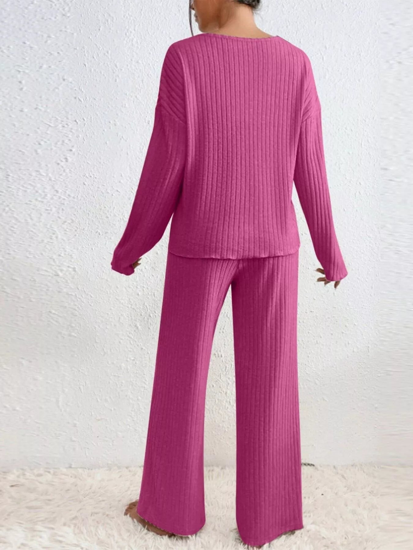 Ribbed V - Neck Top and Pants Set - MAD RUFFI