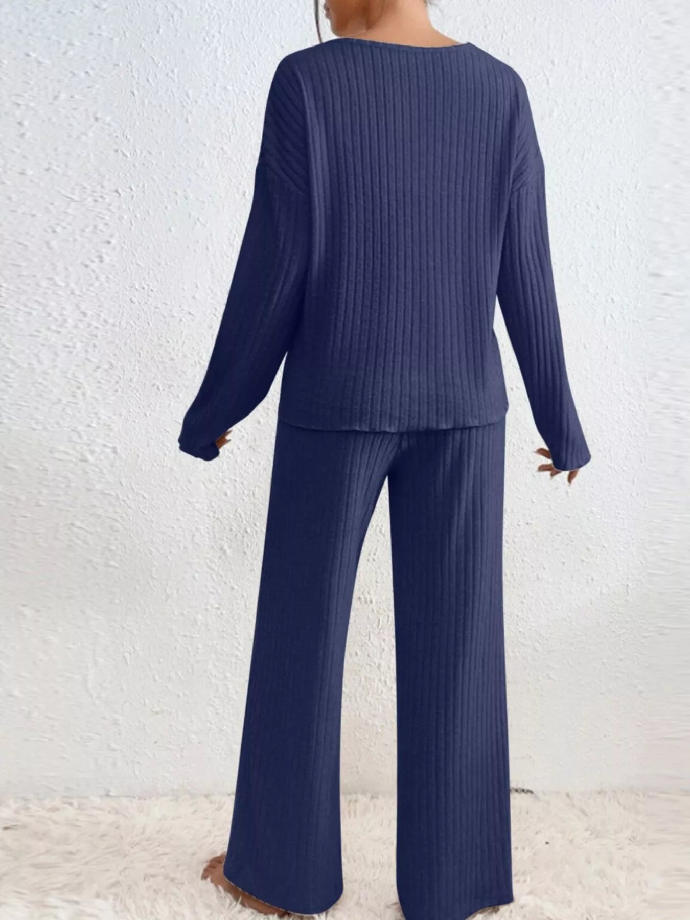 Ribbed V - Neck Top and Pants Set - MAD RUFFI