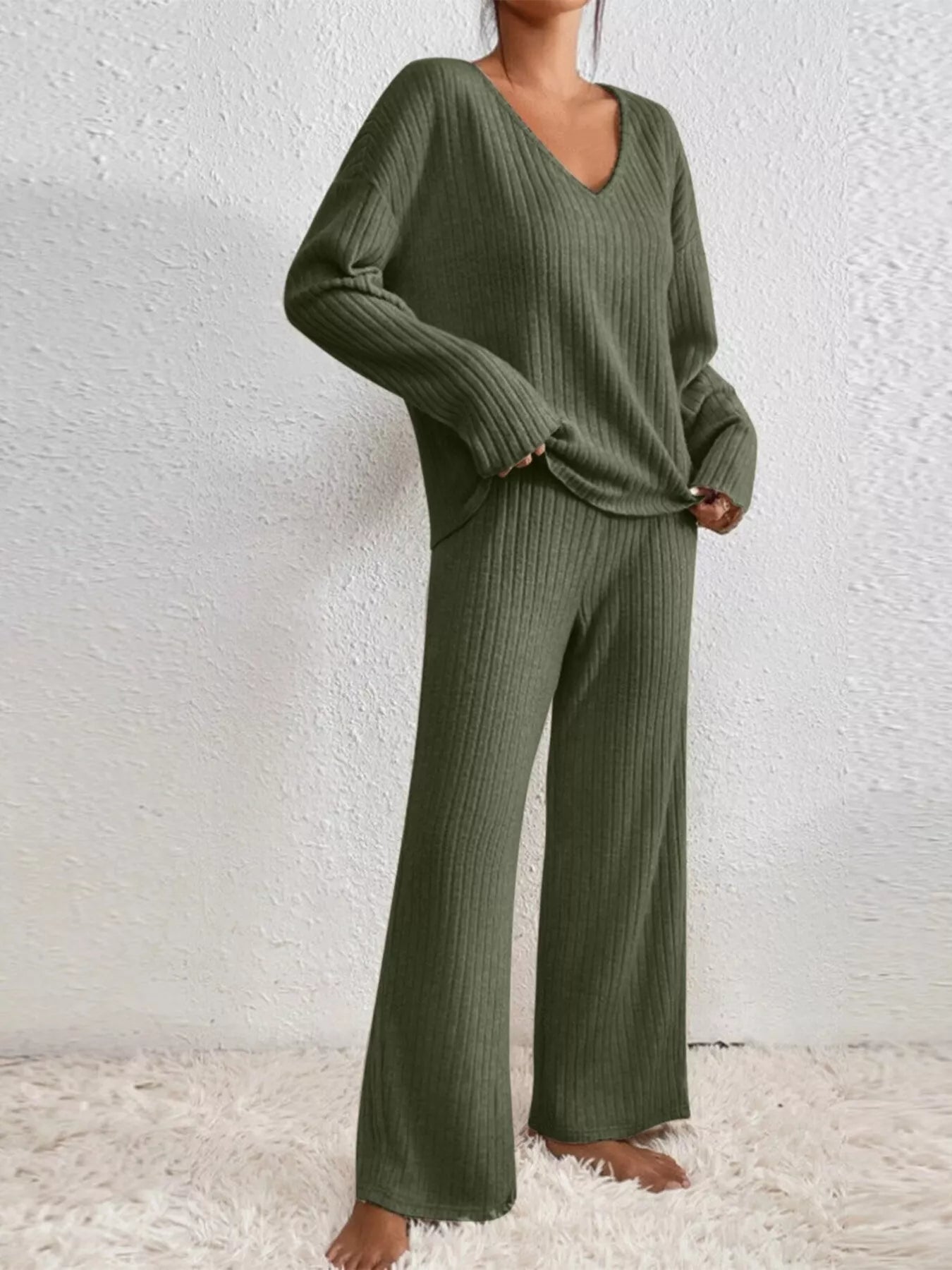 Ribbed V - Neck Top and Pants Set - MAD RUFFI