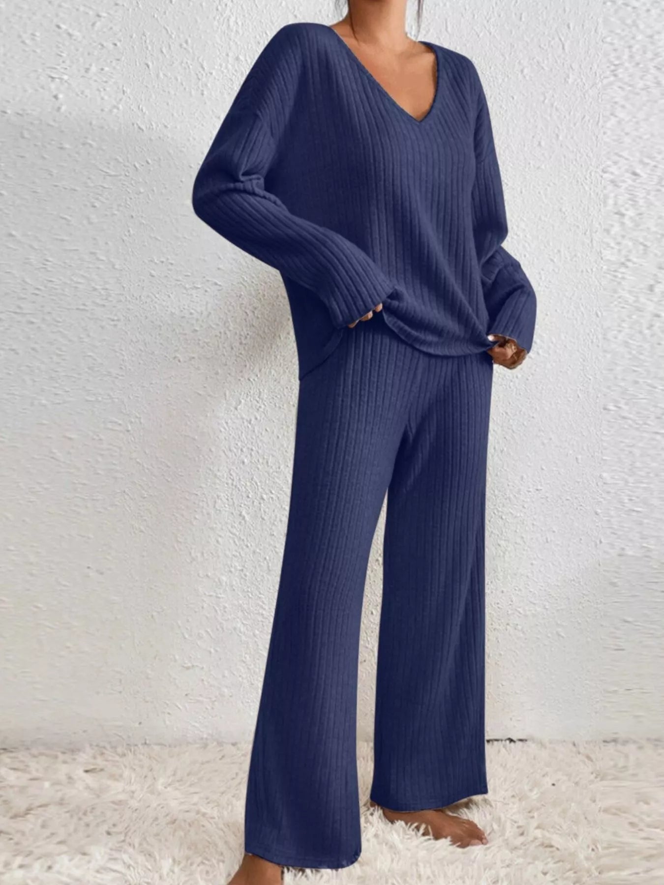 Ribbed V - Neck Top and Pants Set - MAD RUFFI