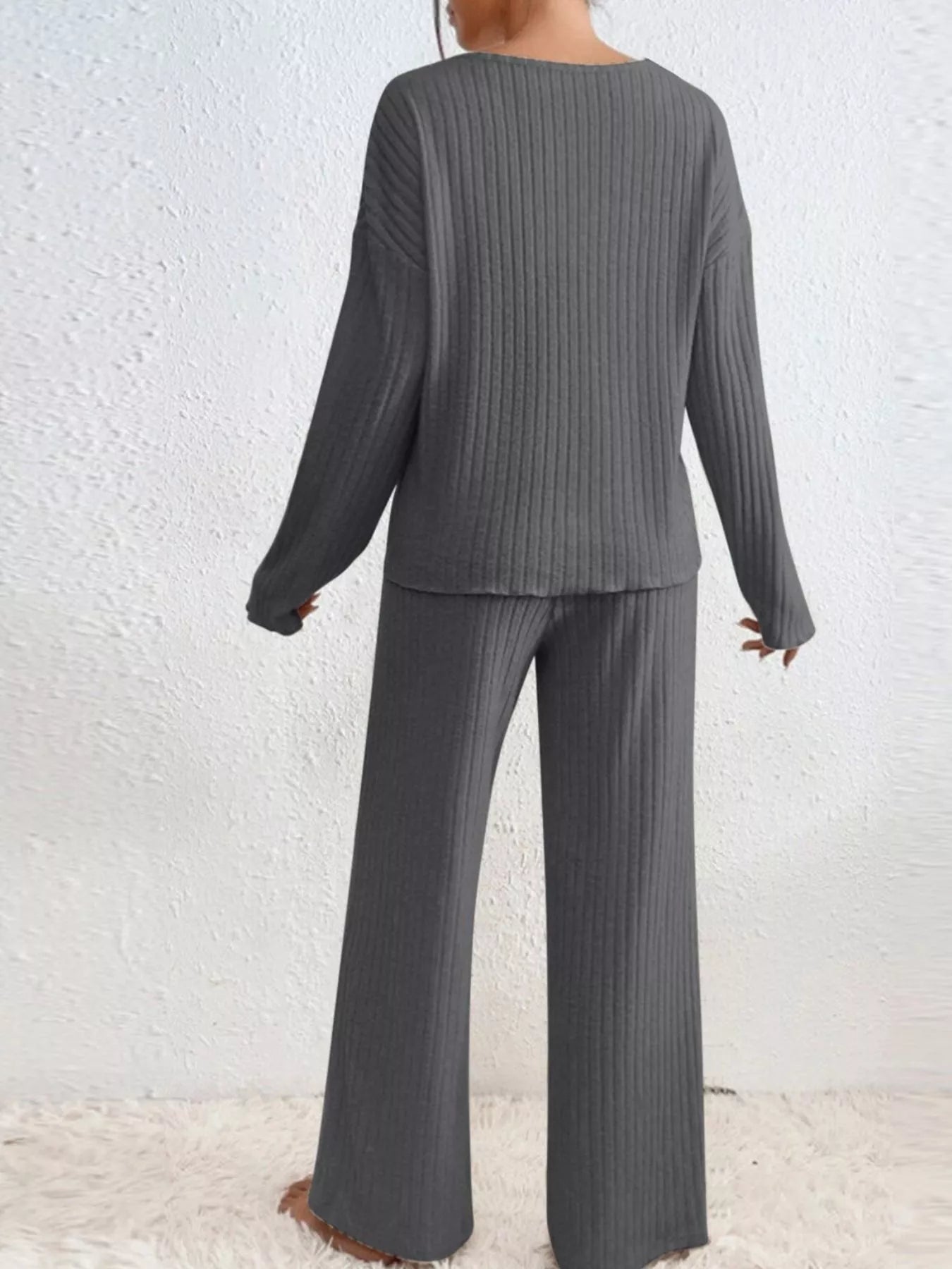 Ribbed V - Neck Top and Pants Set - MAD RUFFI